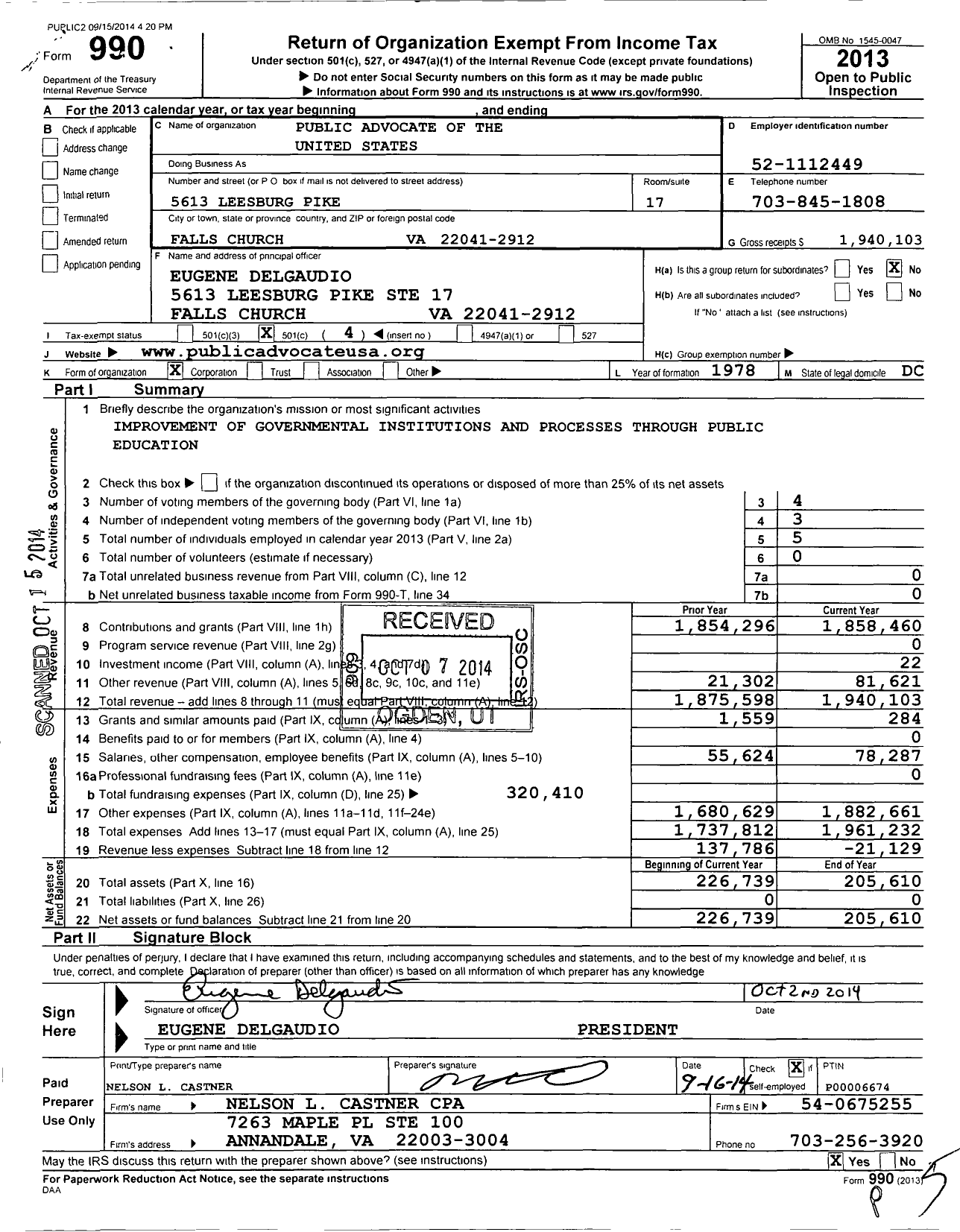 Image of first page of 2013 Form 990O for Public Advocate of the United States