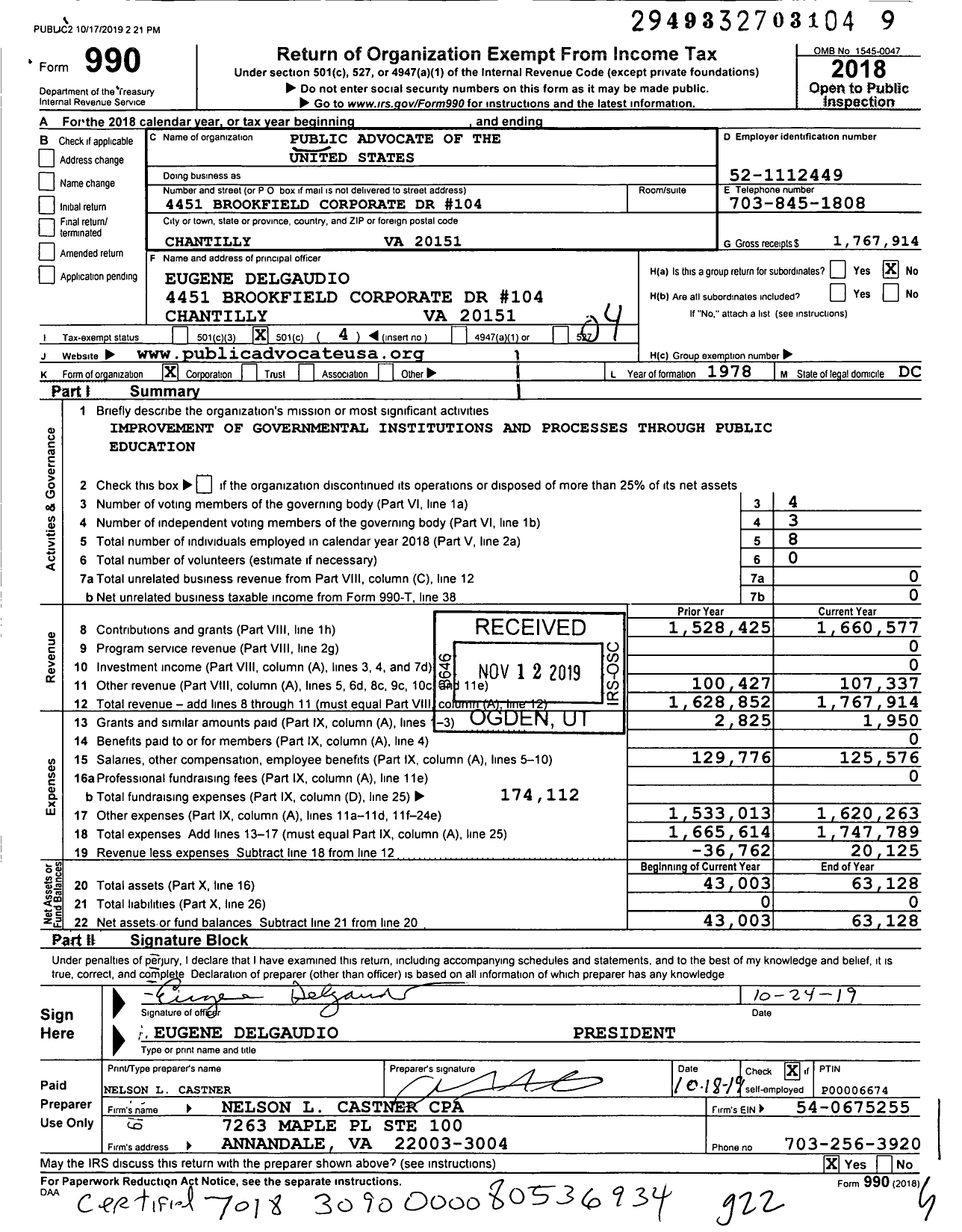 Image of first page of 2018 Form 990O for Public Advocate of the United States