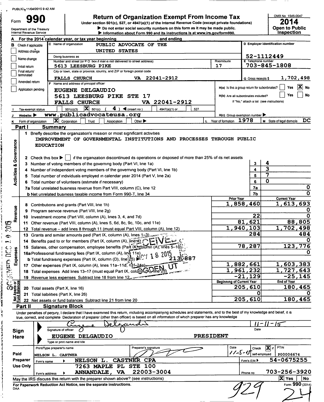 Image of first page of 2014 Form 990O for Public Advocate of the United States