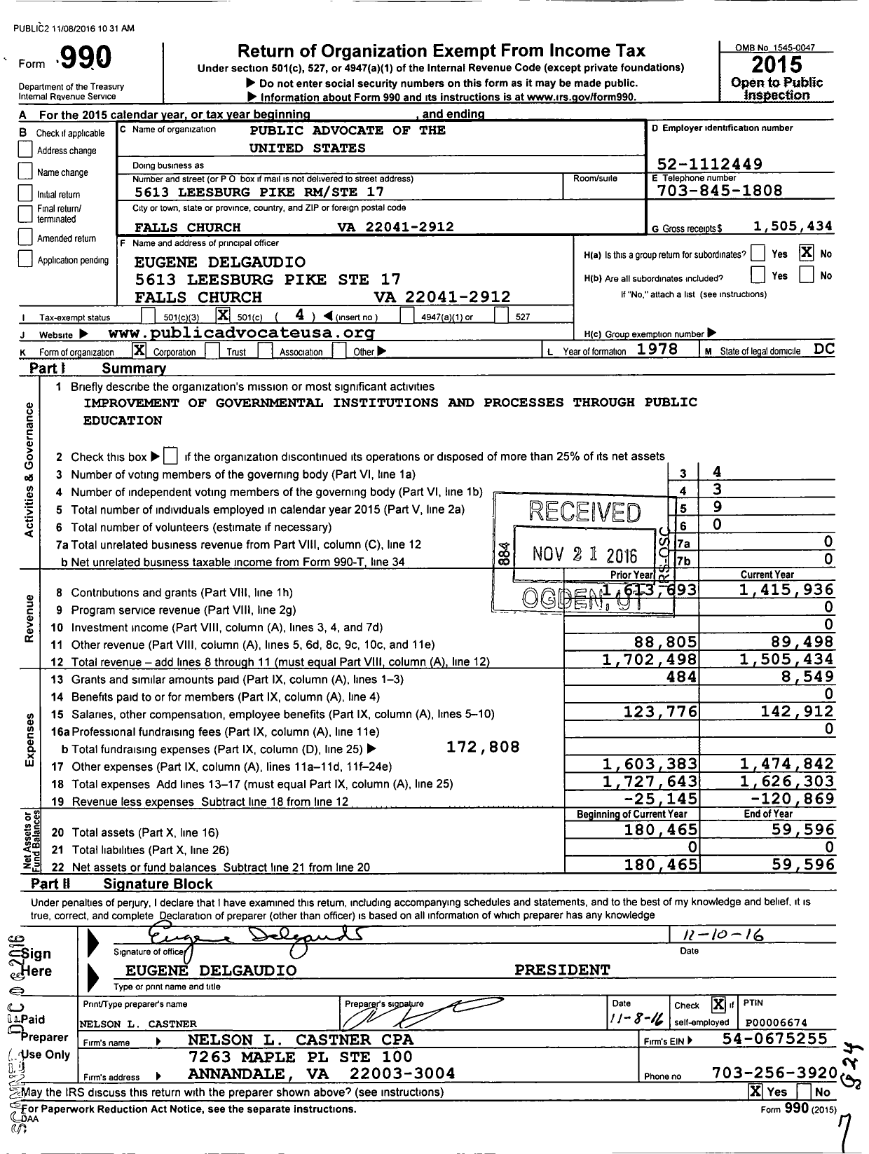 Image of first page of 2015 Form 990O for Public Advocate of the United States