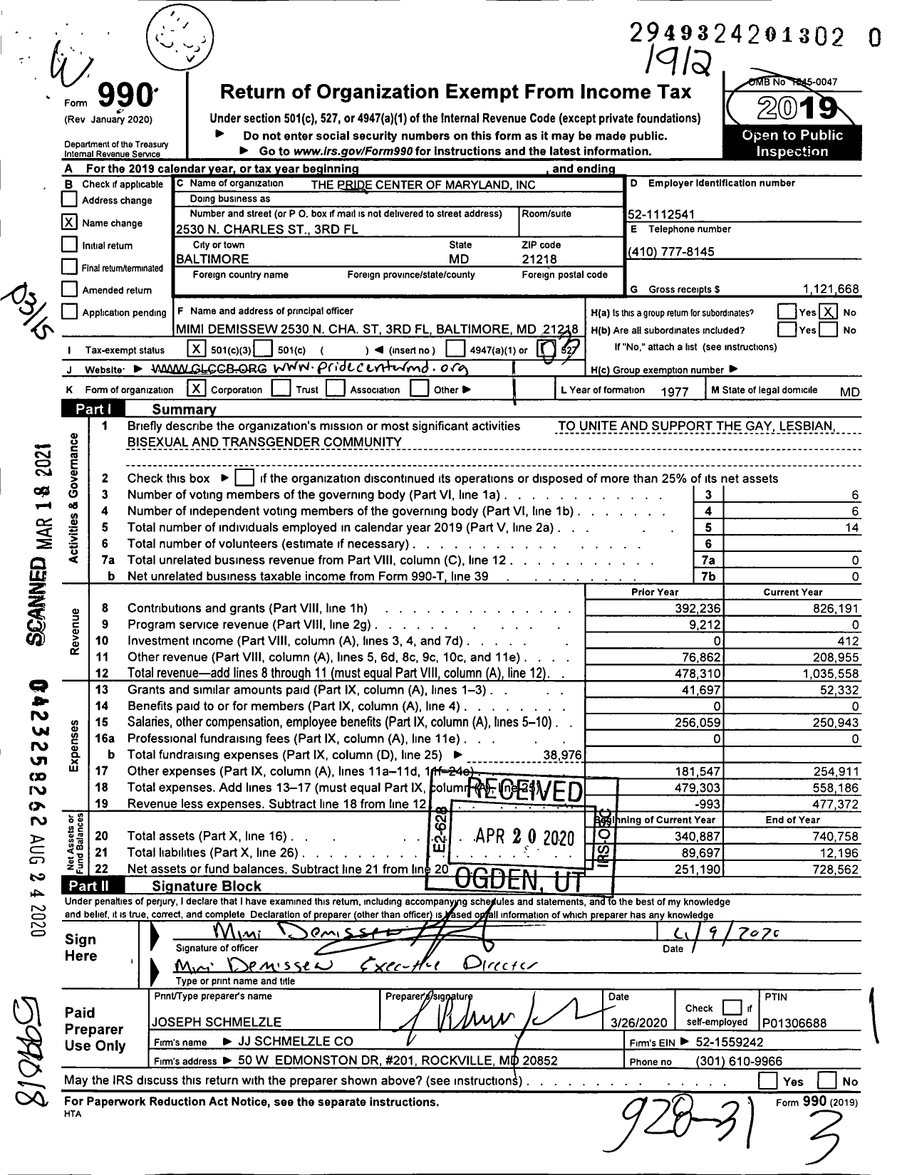 Image of first page of 2019 Form 990 for The Pride Center Of Maryland