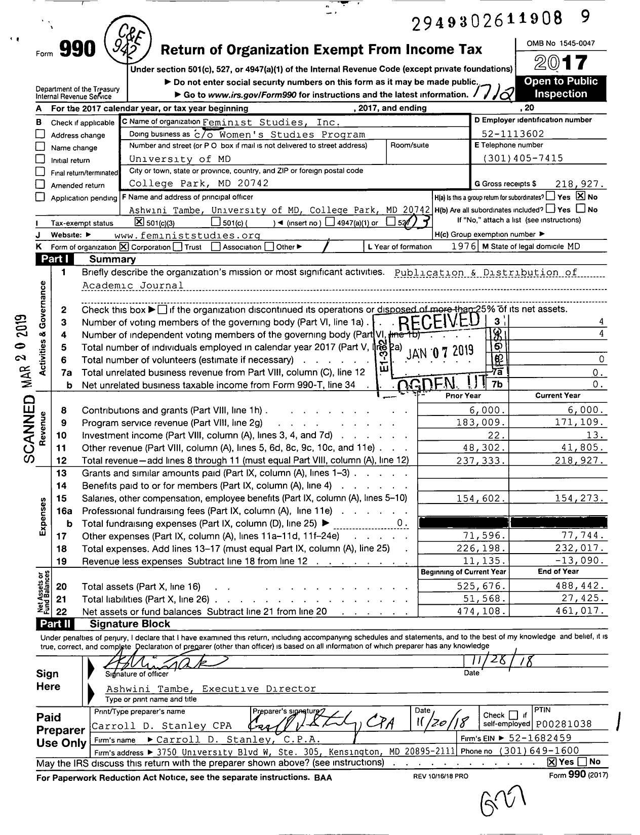 Image of first page of 2017 Form 990 for Feminist Studies