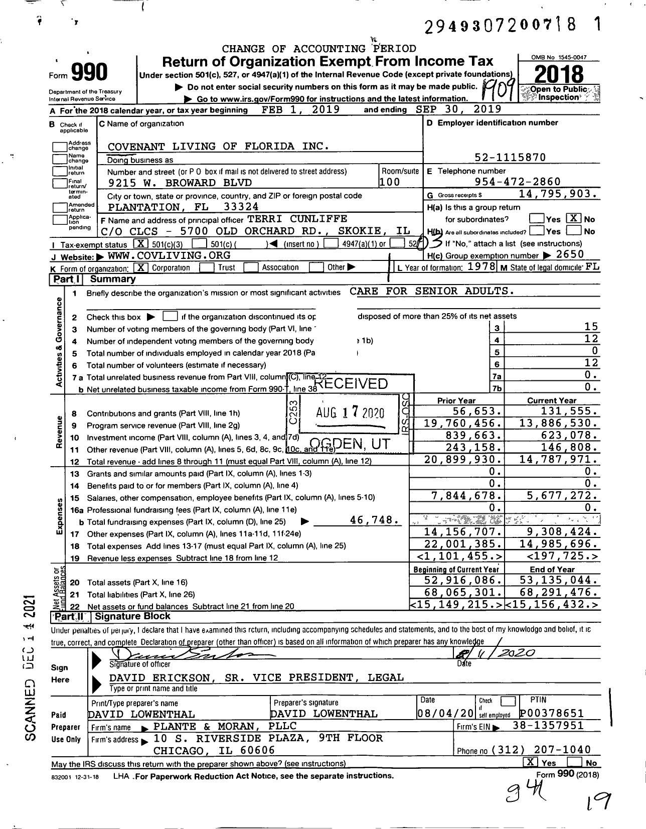 Image of first page of 2018 Form 990 for Covenant Living of Florida