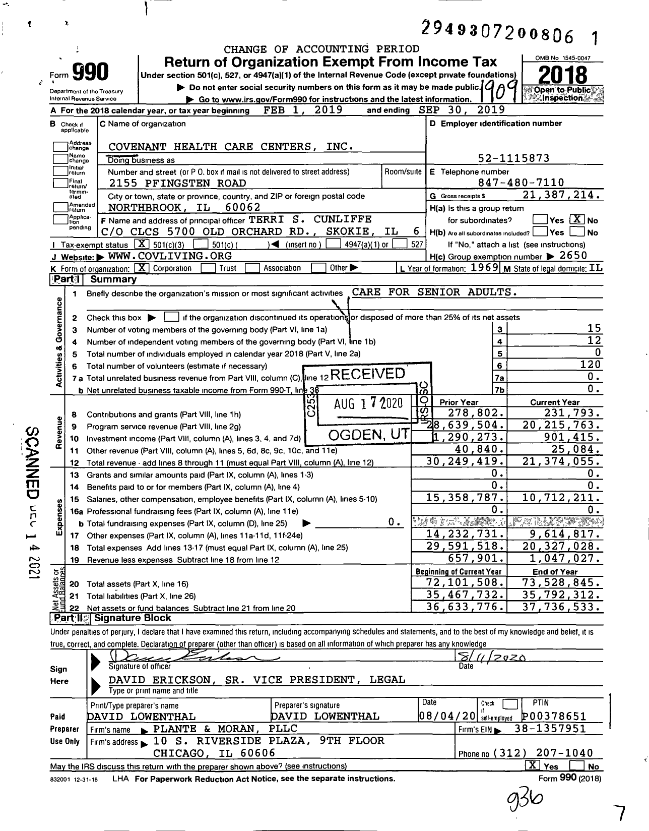 Image of first page of 2018 Form 990 for Covenant Village of Turlock