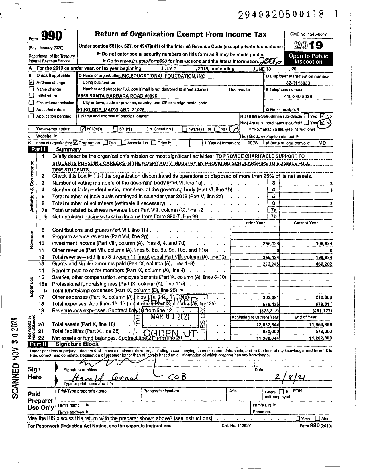 Image of first page of 2019 Form 990 for Bic Educational Foundation