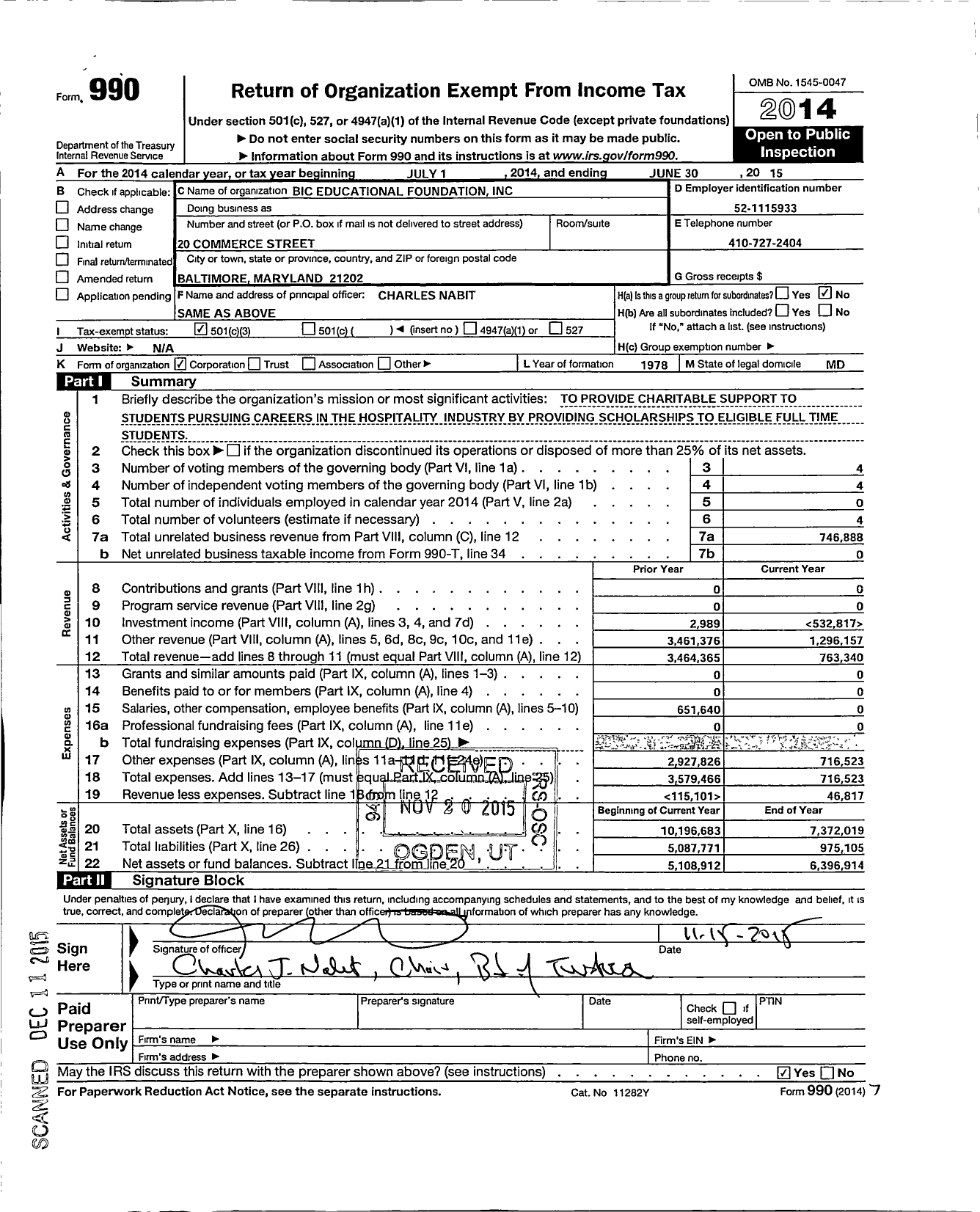 Image of first page of 2014 Form 990 for Bic Educational Foundation