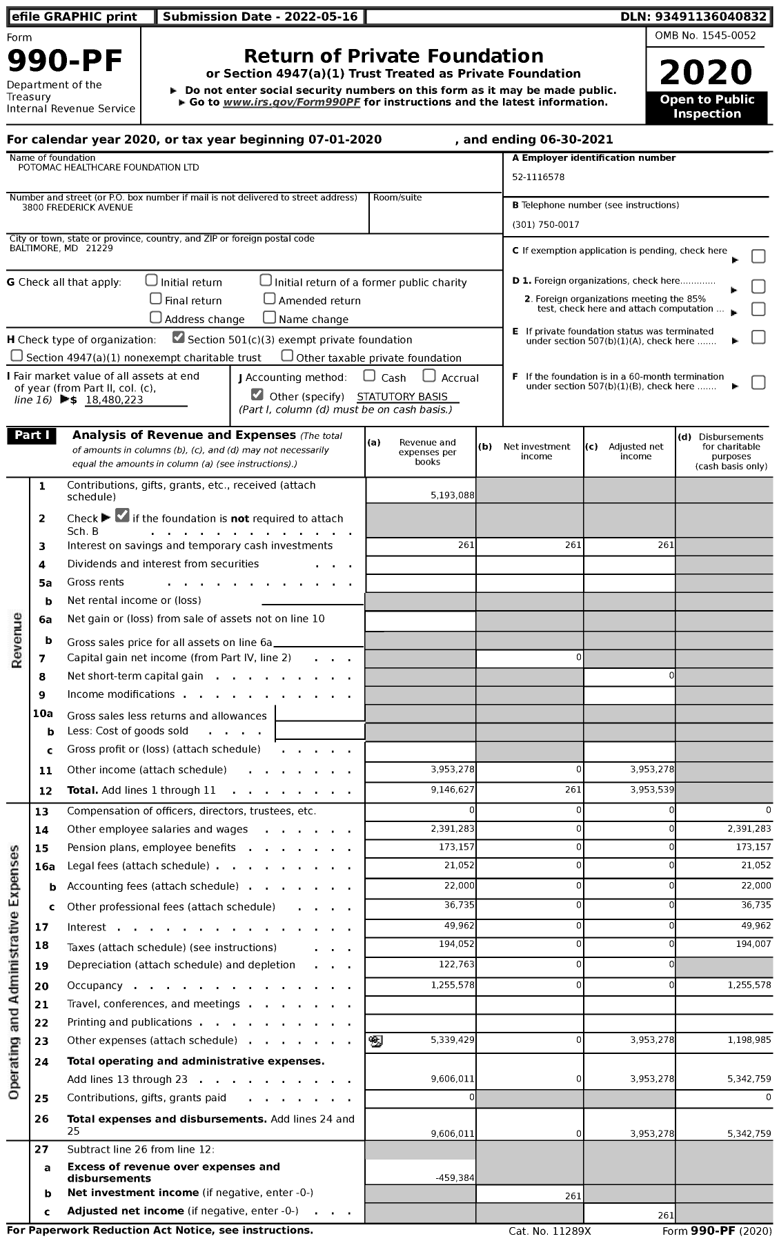 Image of first page of 2020 Form 990PF for Potomac Healthcare Foundationinc