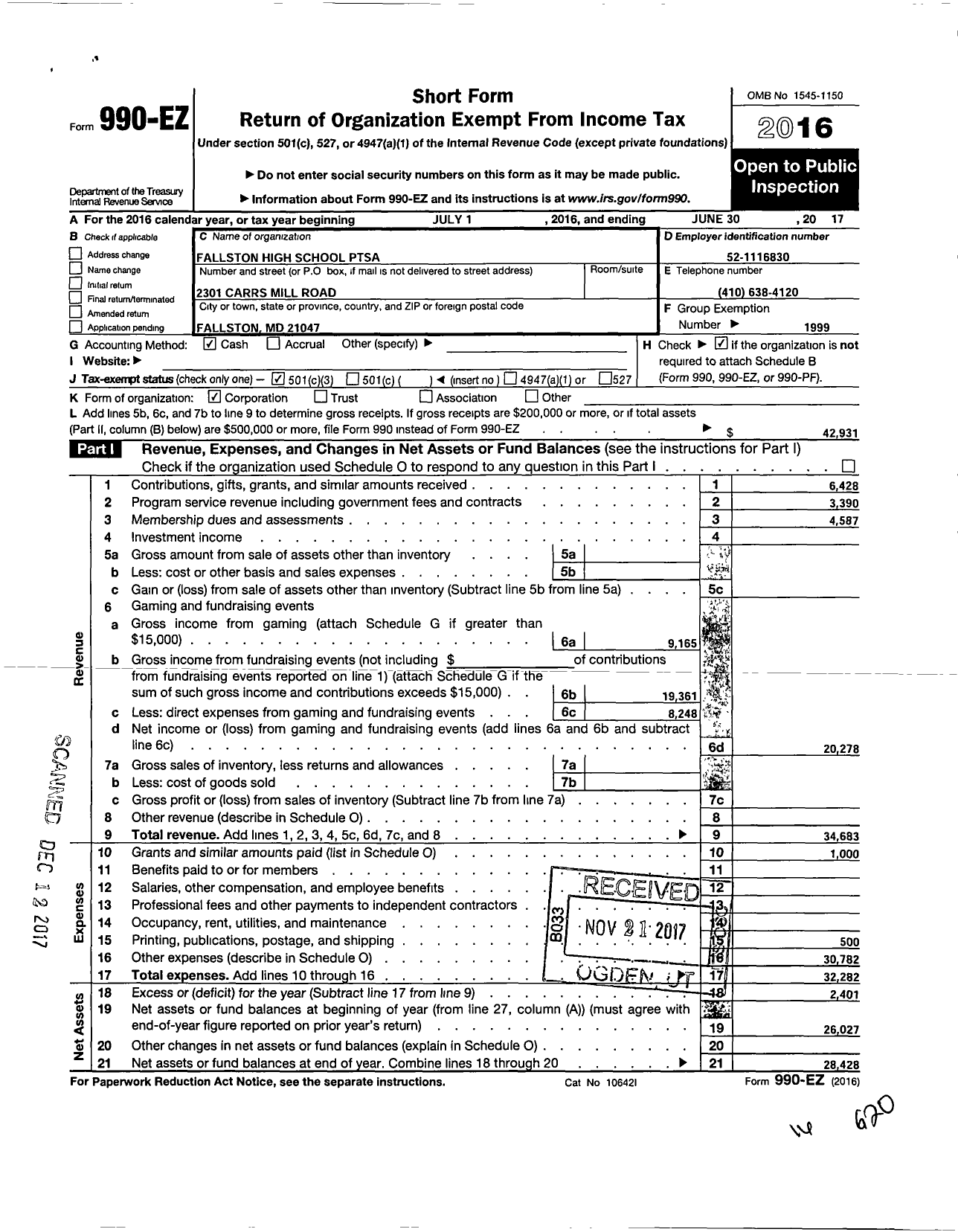 Image of first page of 2016 Form 990EZ for PTA Maryland Congress of Parents and Teachers / Fallston High School Ptsa