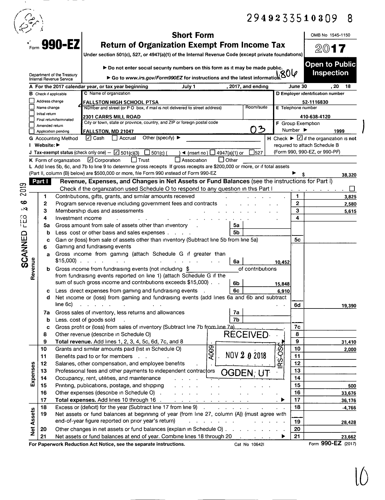 Image of first page of 2017 Form 990EZ for PTA Maryland Congress of Parents and Teachers / Fallston High School Ptsa