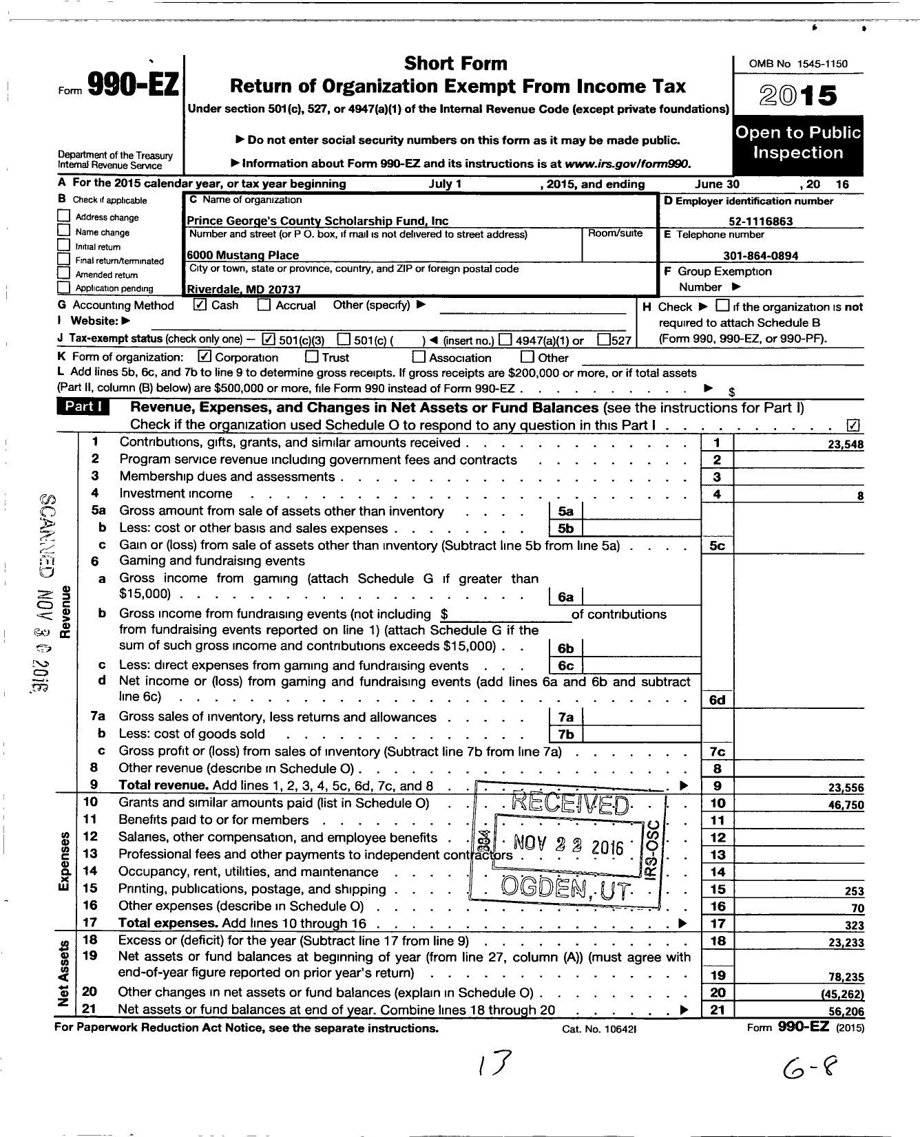 Image of first page of 2015 Form 990EZ for Prince Georges County Scholarship