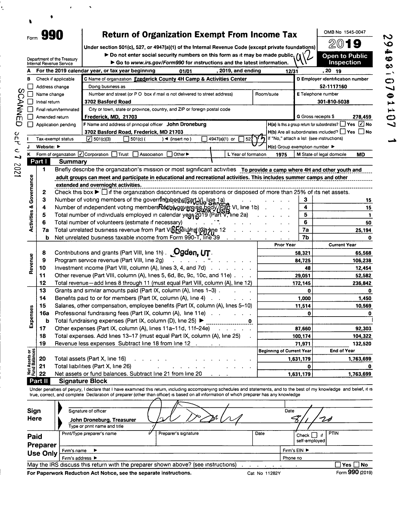 Image of first page of 2019 Form 990 for Frederick County 4H Camp & Activities Center