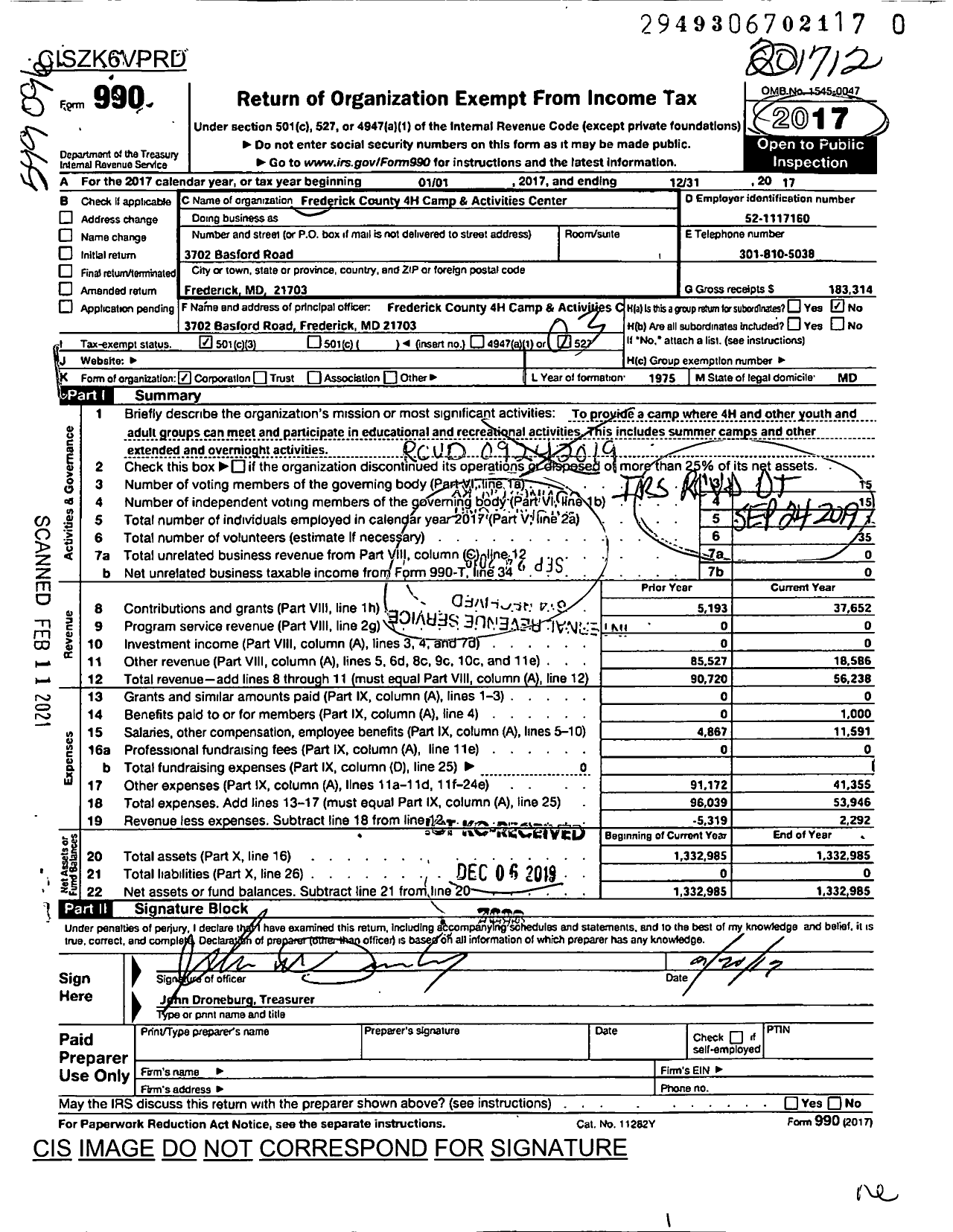 Image of first page of 2017 Form 990 for Frederick County 4H Camp & Activities Center