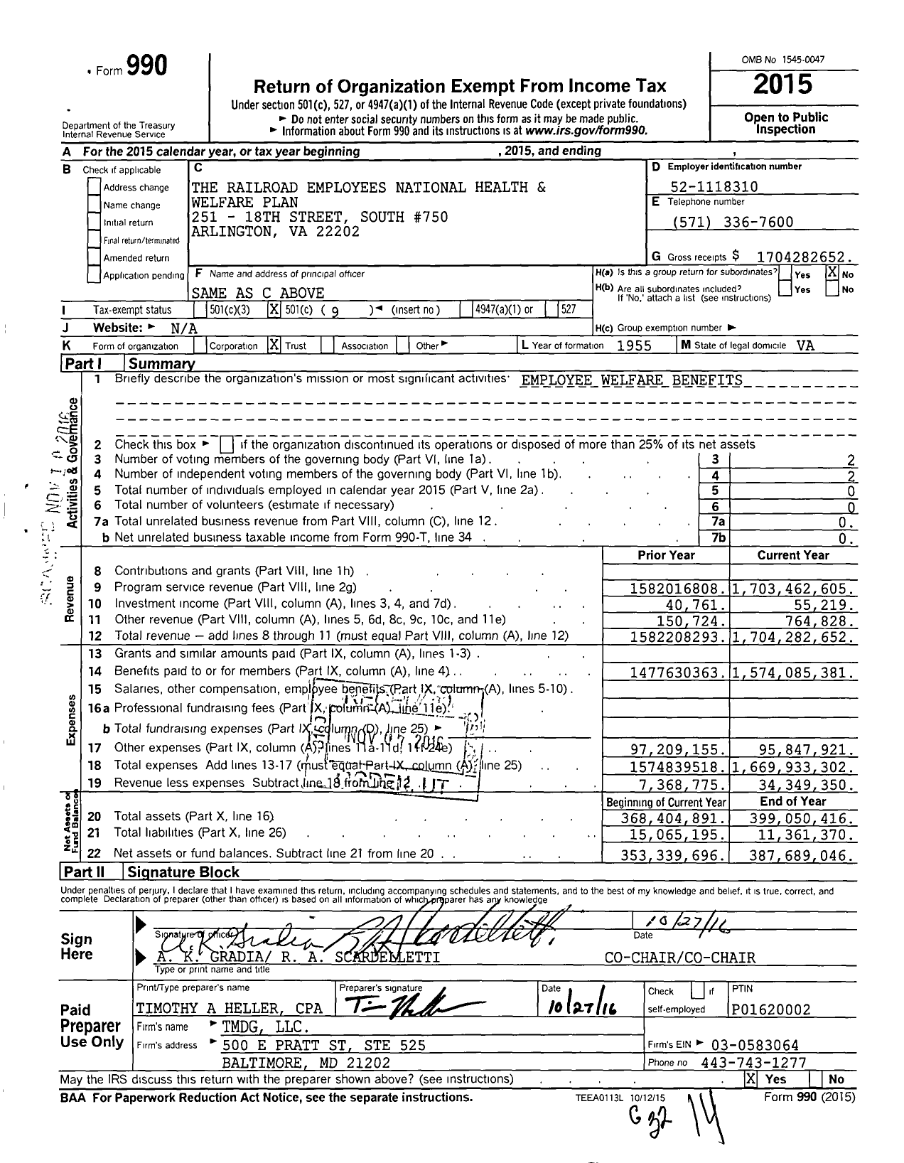Image of first page of 2015 Form 990O for The Railroad Employees National Health & Welfare Plan