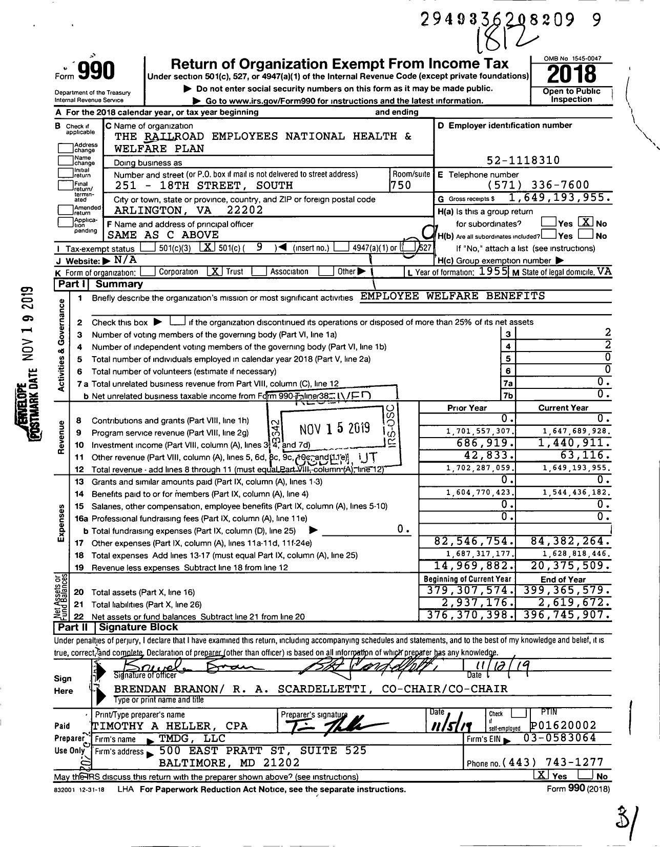 Image of first page of 2018 Form 990O for The Railroad Employees National Health & Welfare Plan