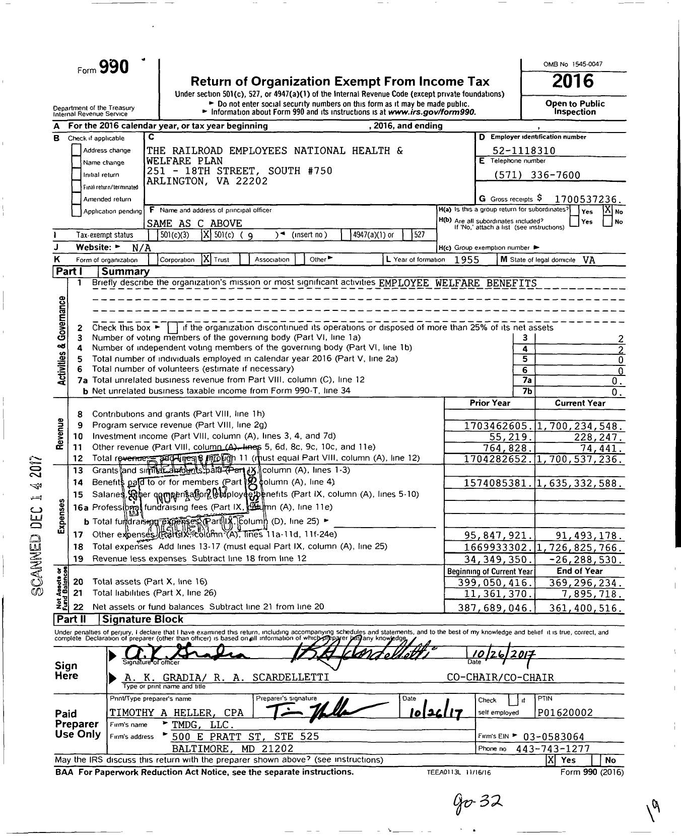 Image of first page of 2016 Form 990O for The Railroad Employees National Health & Welfare Plan