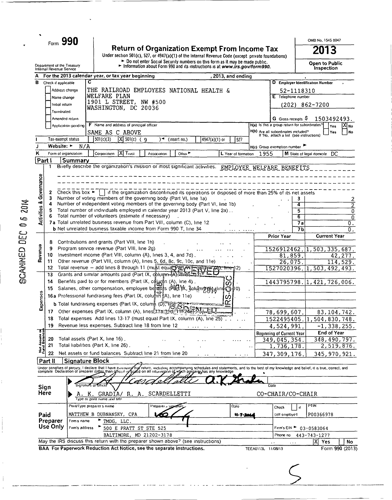 Image of first page of 2013 Form 990O for The Railroad Employees National Health & Welfare Plan