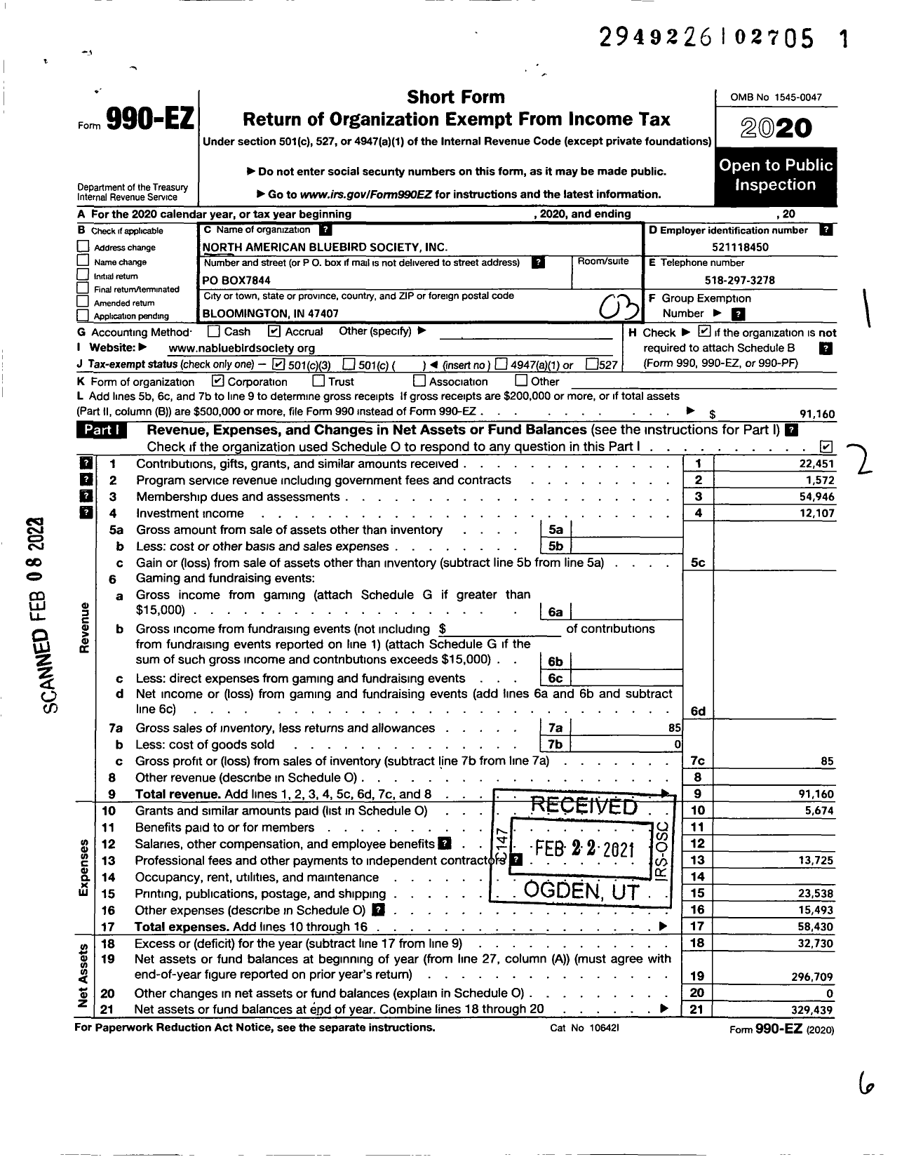 Image of first page of 2020 Form 990EZ for North American Bluebird Society