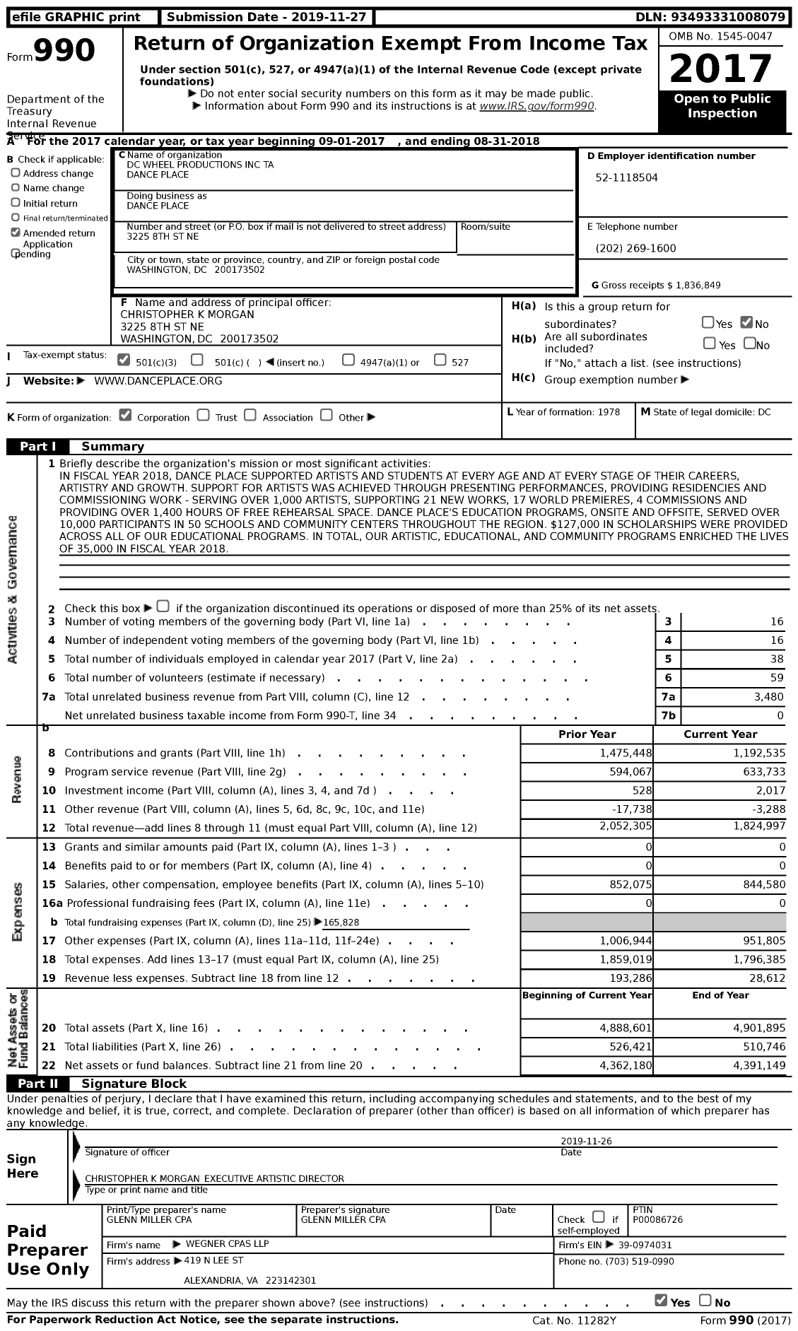 Image of first page of 2017 Form 990 for Dance Place