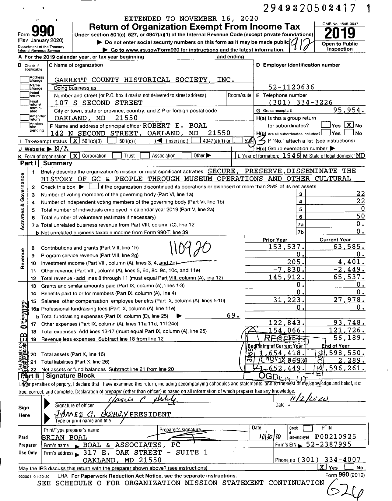 Image of first page of 2019 Form 990 for Garrett County Historical Society