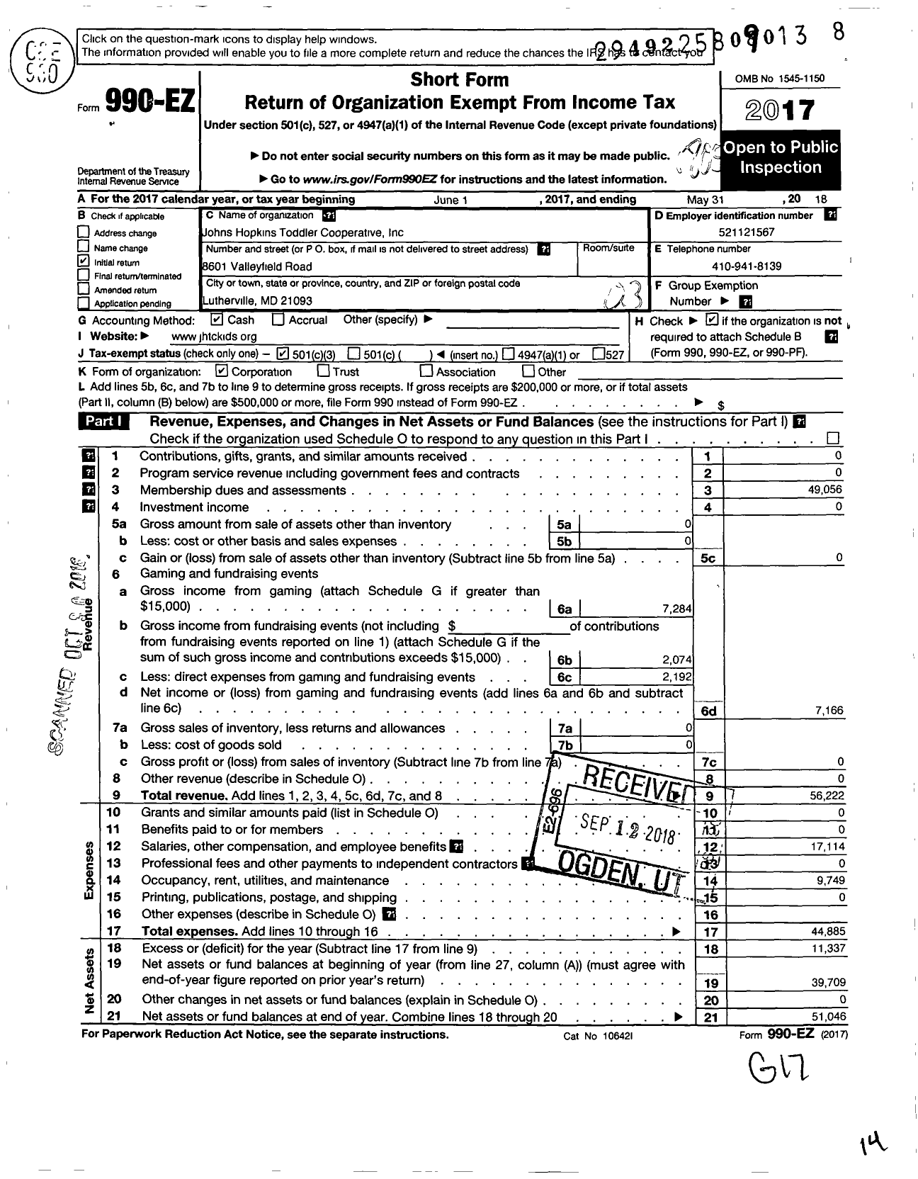 Image of first page of 2017 Form 990EZ for Toddler Cooperative of Baltimore County