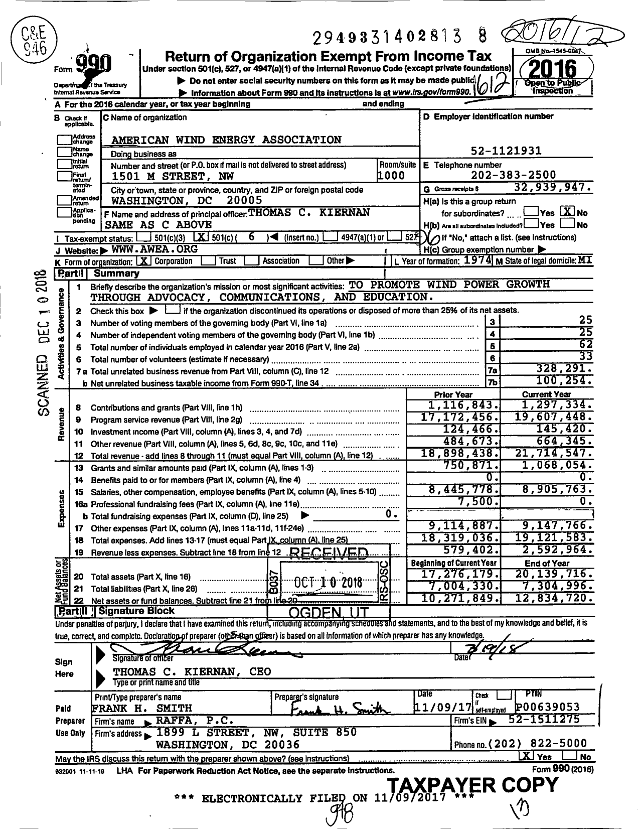 Image of first page of 2016 Form 990O for American Wind Energy Association (AWEA)