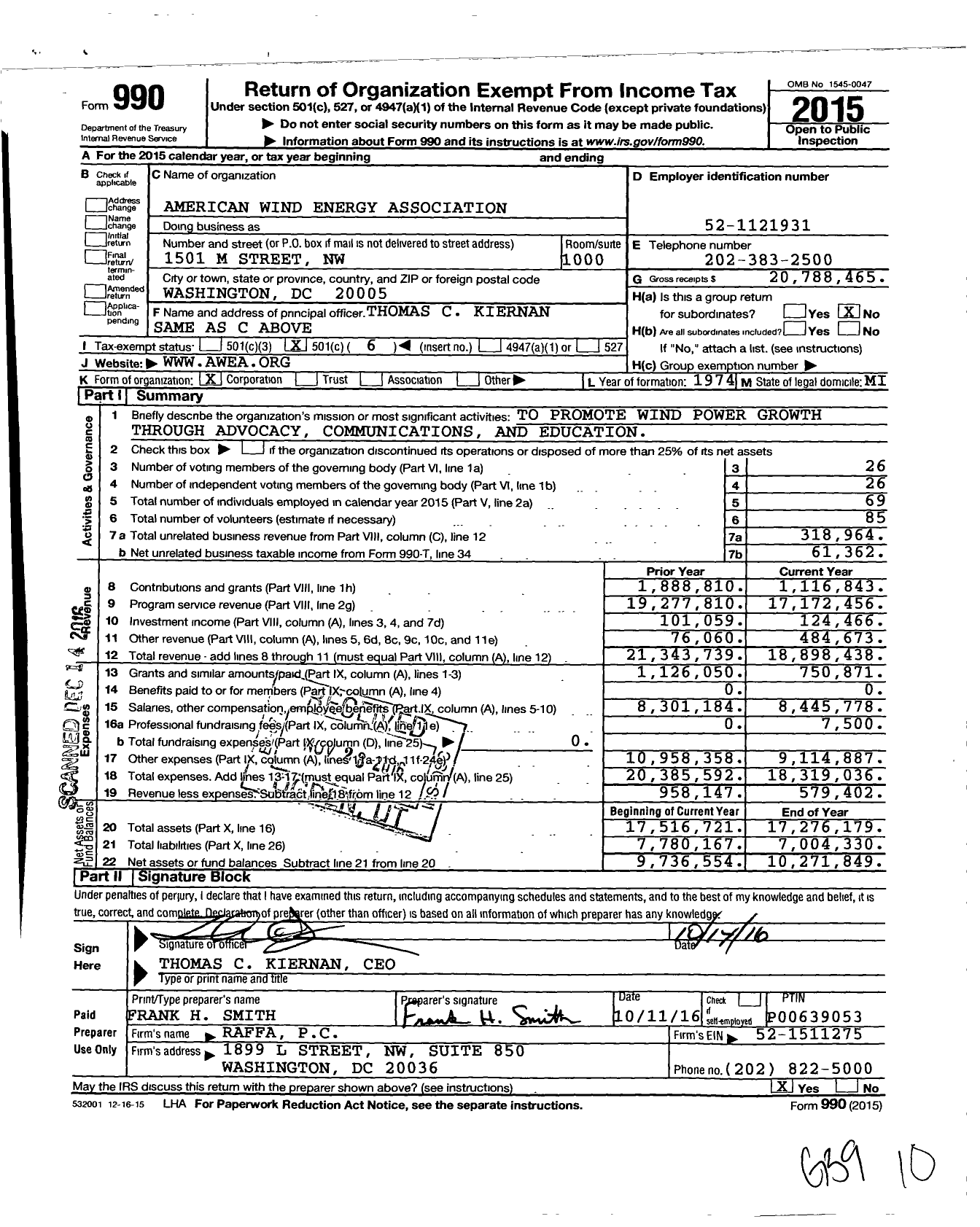 Image of first page of 2015 Form 990O for American Wind Energy Association (AWEA)