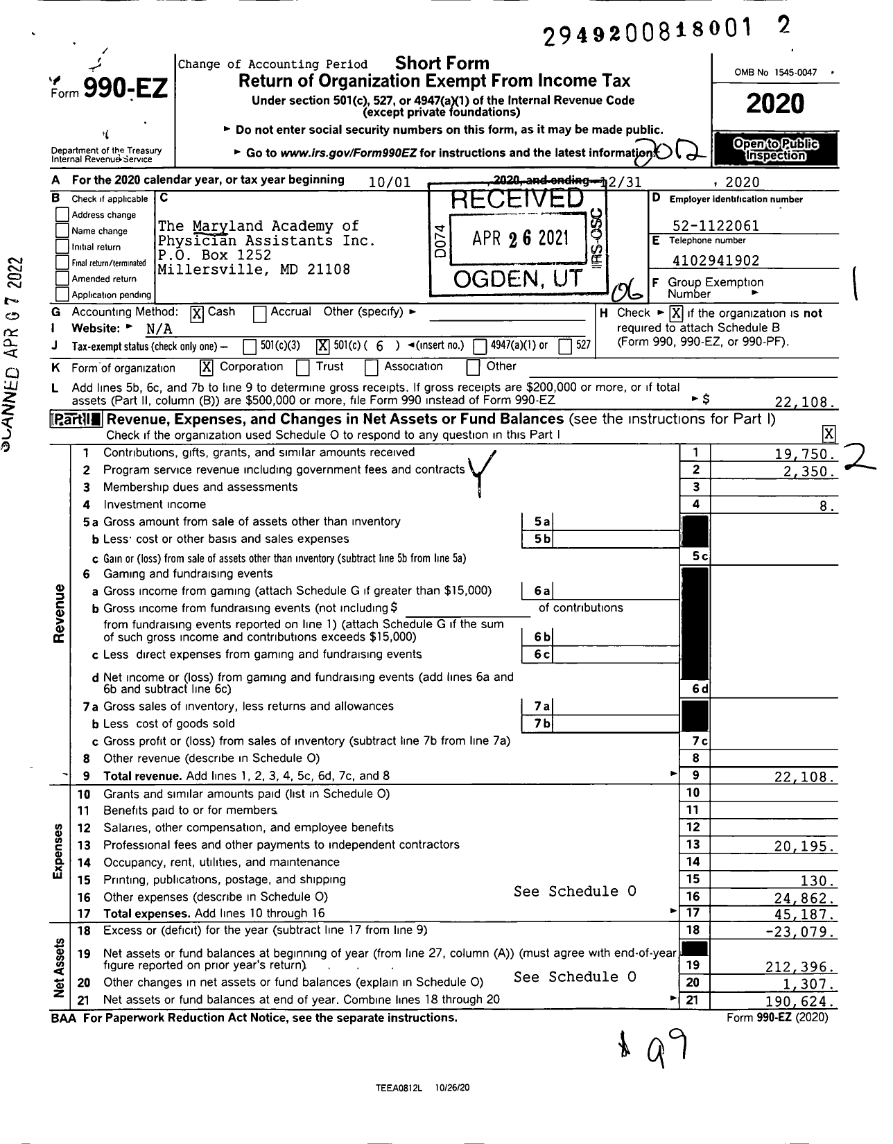 Image of first page of 2020 Form 990EO for The Maryland Academy of Physician Assistants