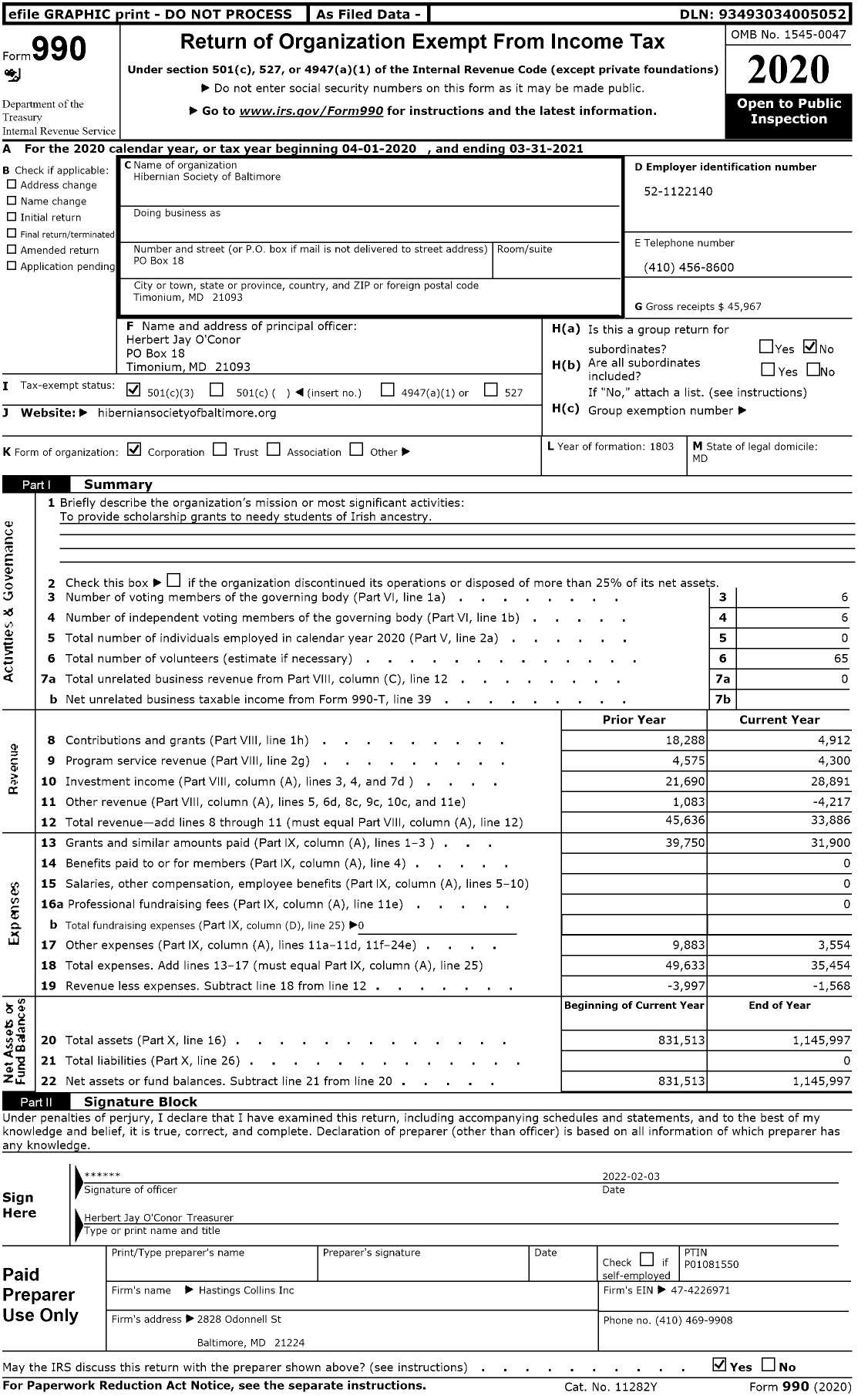 Image of first page of 2020 Form 990 for Hibernian Society of Baltimore