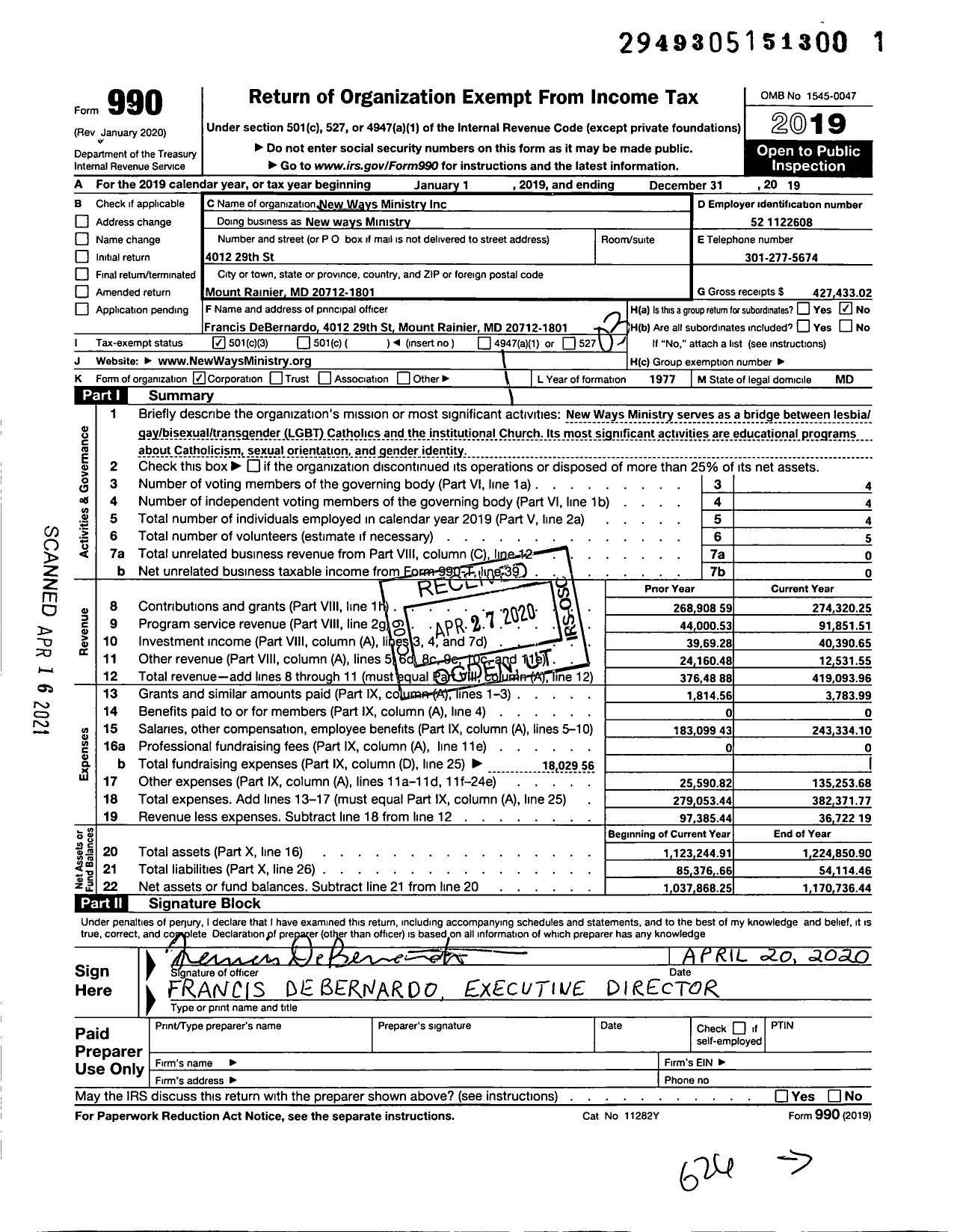 Image of first page of 2019 Form 990 for New Ways Ministry