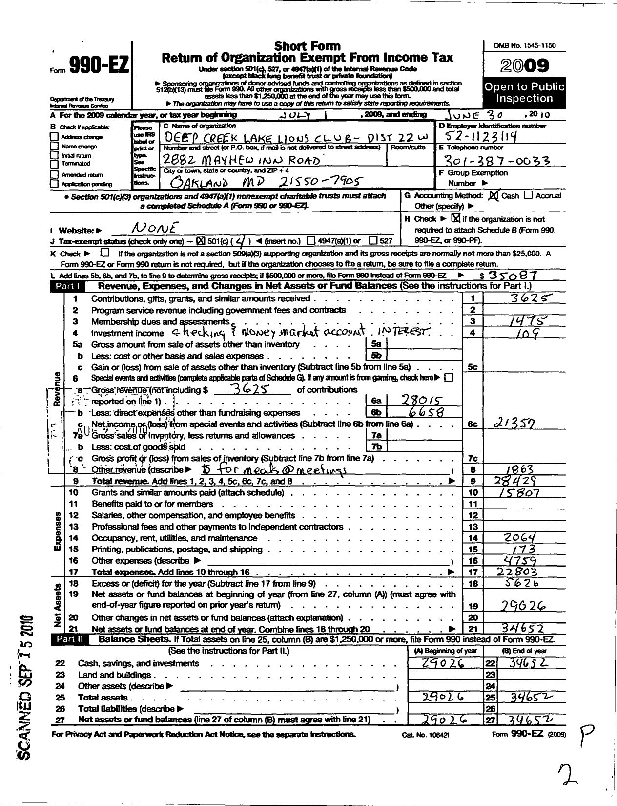 Image of first page of 2009 Form 990EO for Lions Clubs - 8918 Deep Creek Lake L C