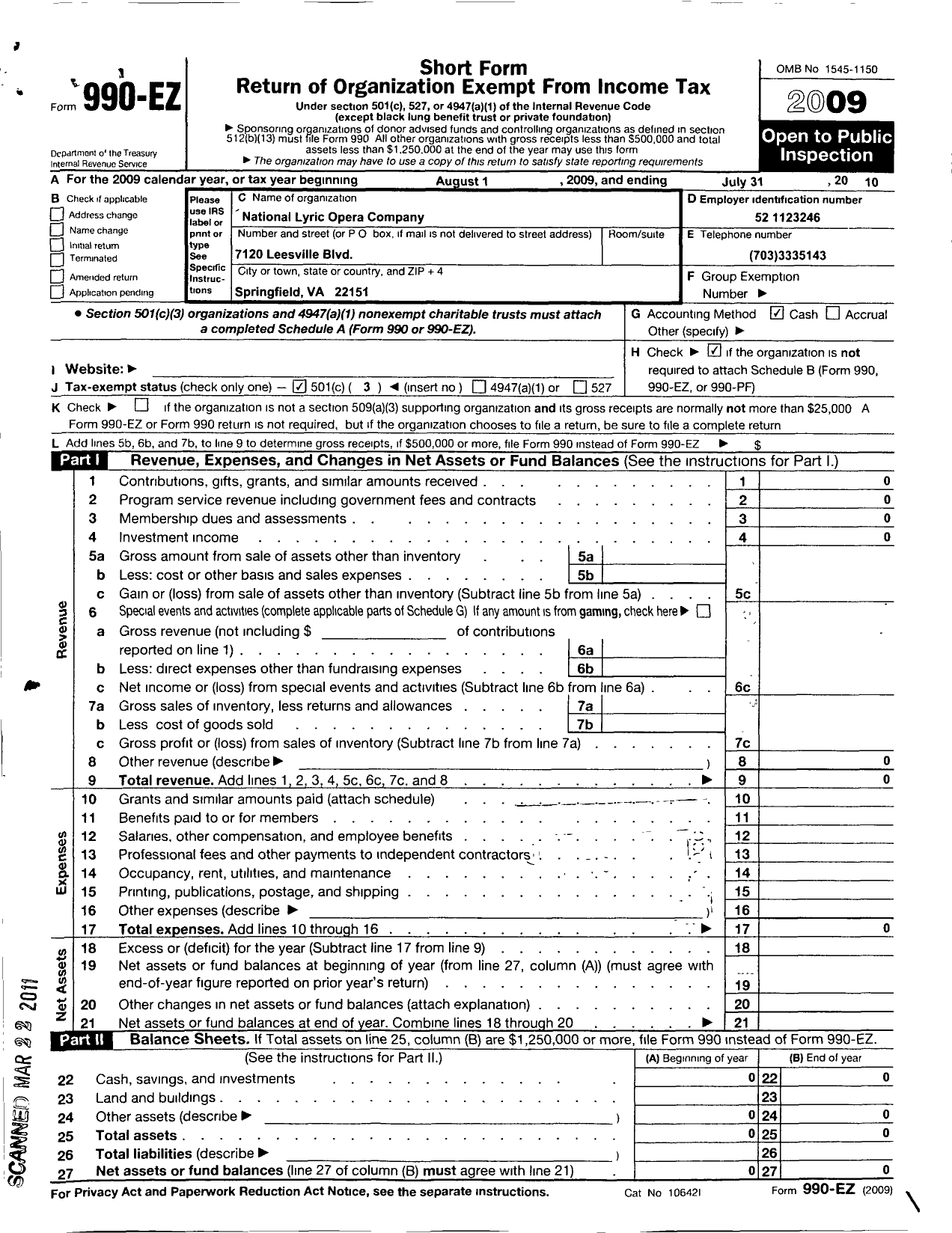 Image of first page of 2009 Form 990EZ for National Lyric Opera Company