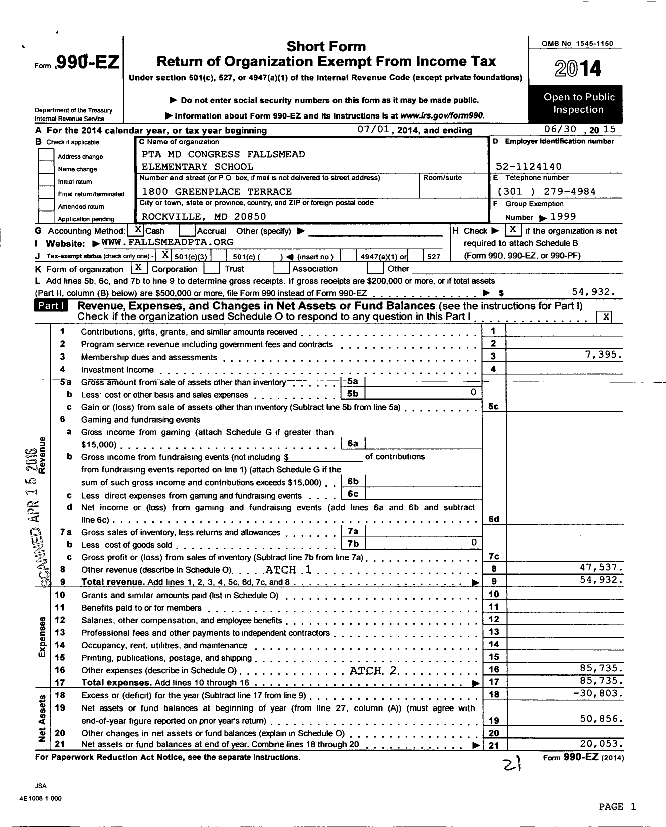 Image of first page of 2014 Form 990EZ for PTA Maryland Congress of Parent and Teachers / Fallsmead Elementary School PTA