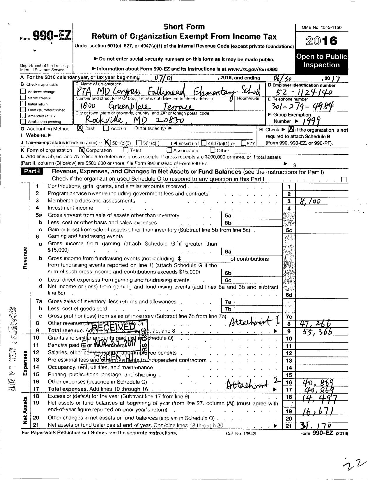 Image of first page of 2016 Form 990EZ for PTA Maryland Congress of Parent and Teachers / Fallsmead Elementary School PTA