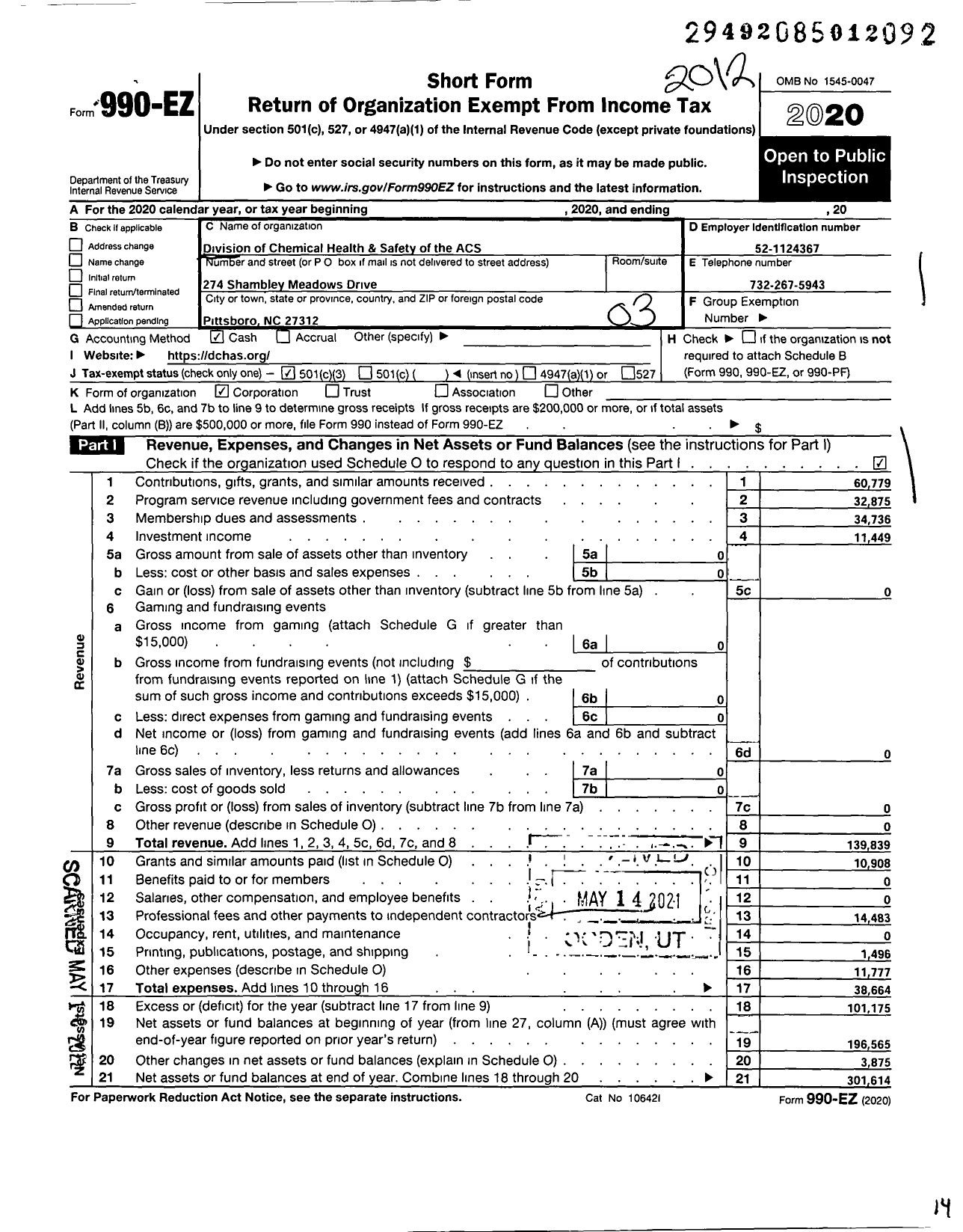 Image of first page of 2020 Form 990EZ for American Chemical Society - Chemical Health & Safety Division