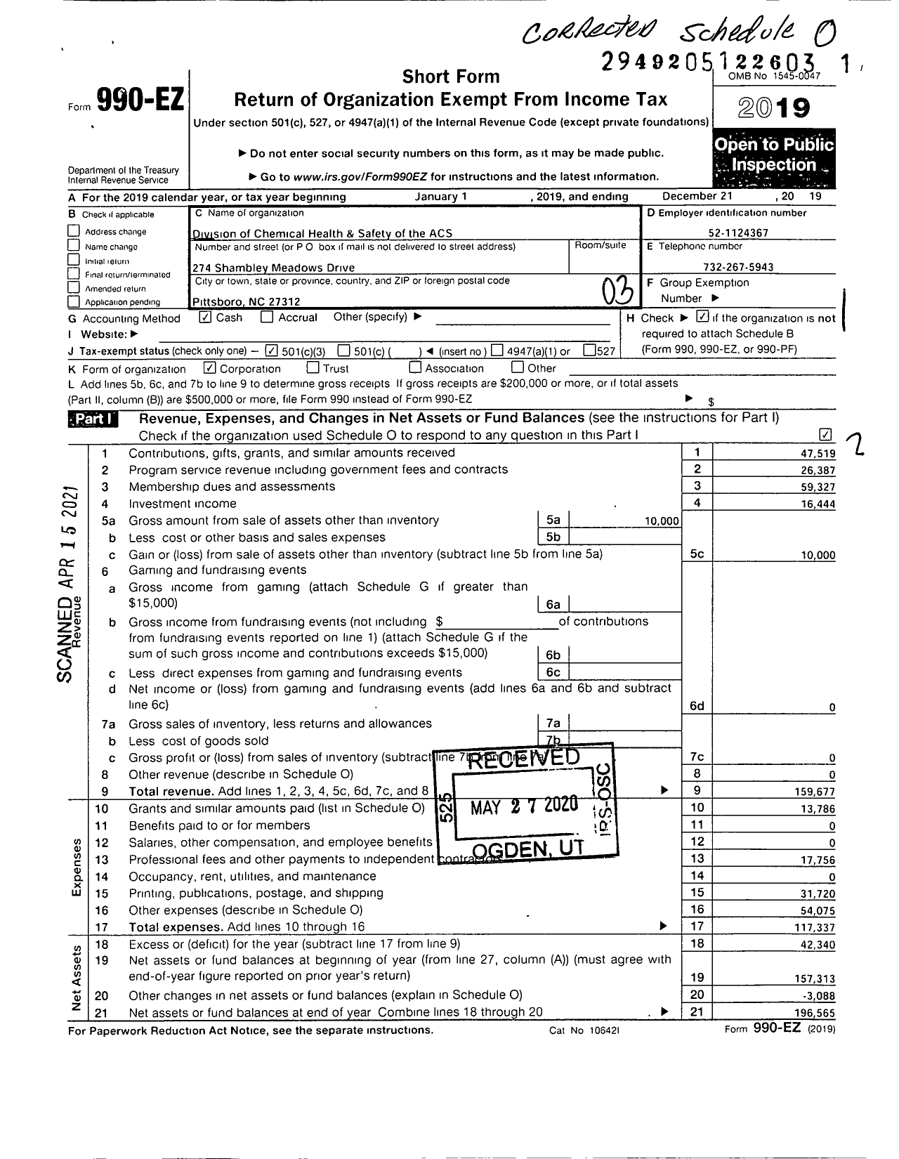 Image of first page of 2019 Form 990EZ for American Chemical Society - Chemical Health & Safety Division