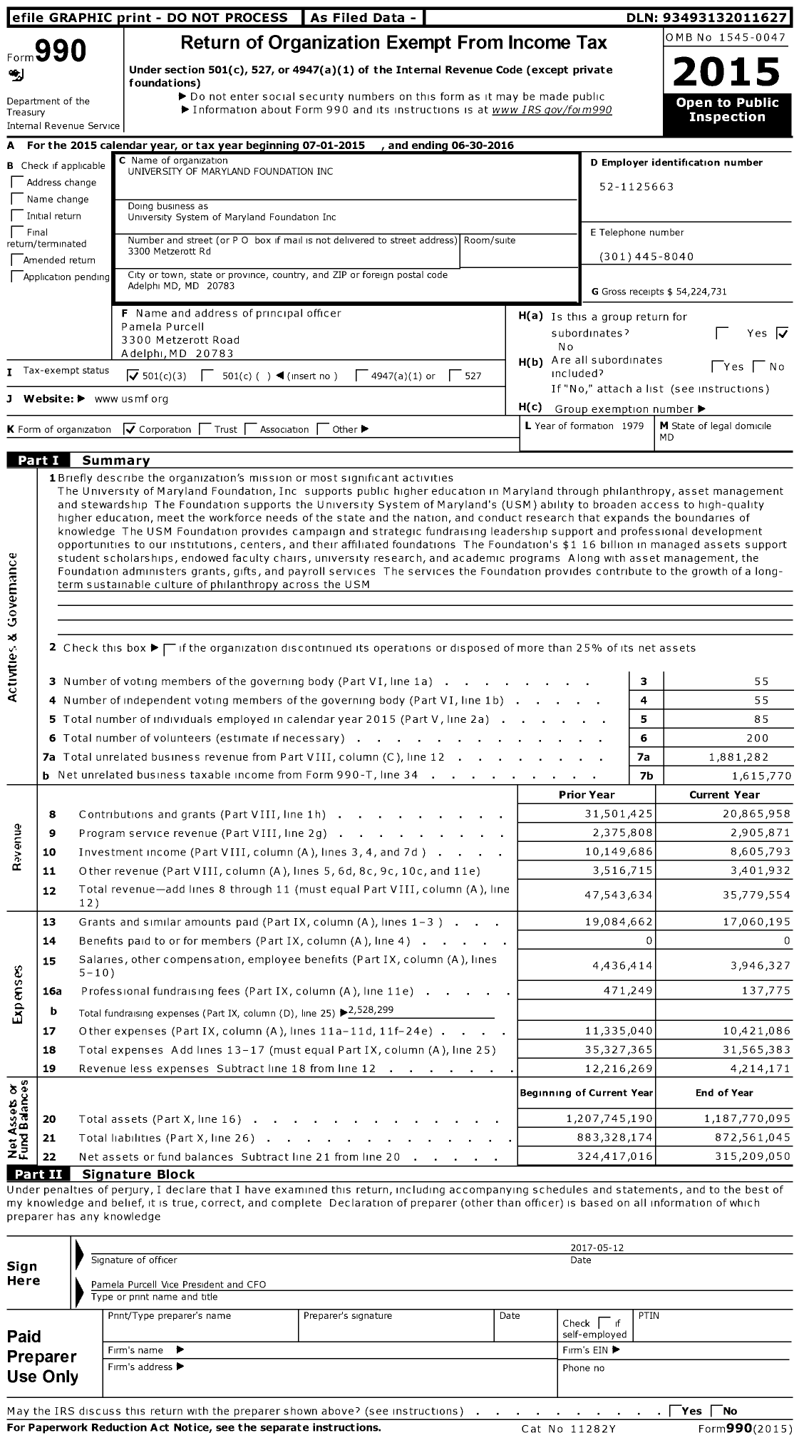 Image of first page of 2015 Form 990 for University System of Maryland Foundation (USMF)