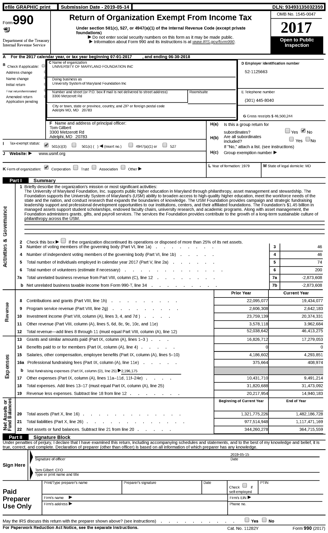 Image of first page of 2017 Form 990 for University System of Maryland Foundation (USMF)