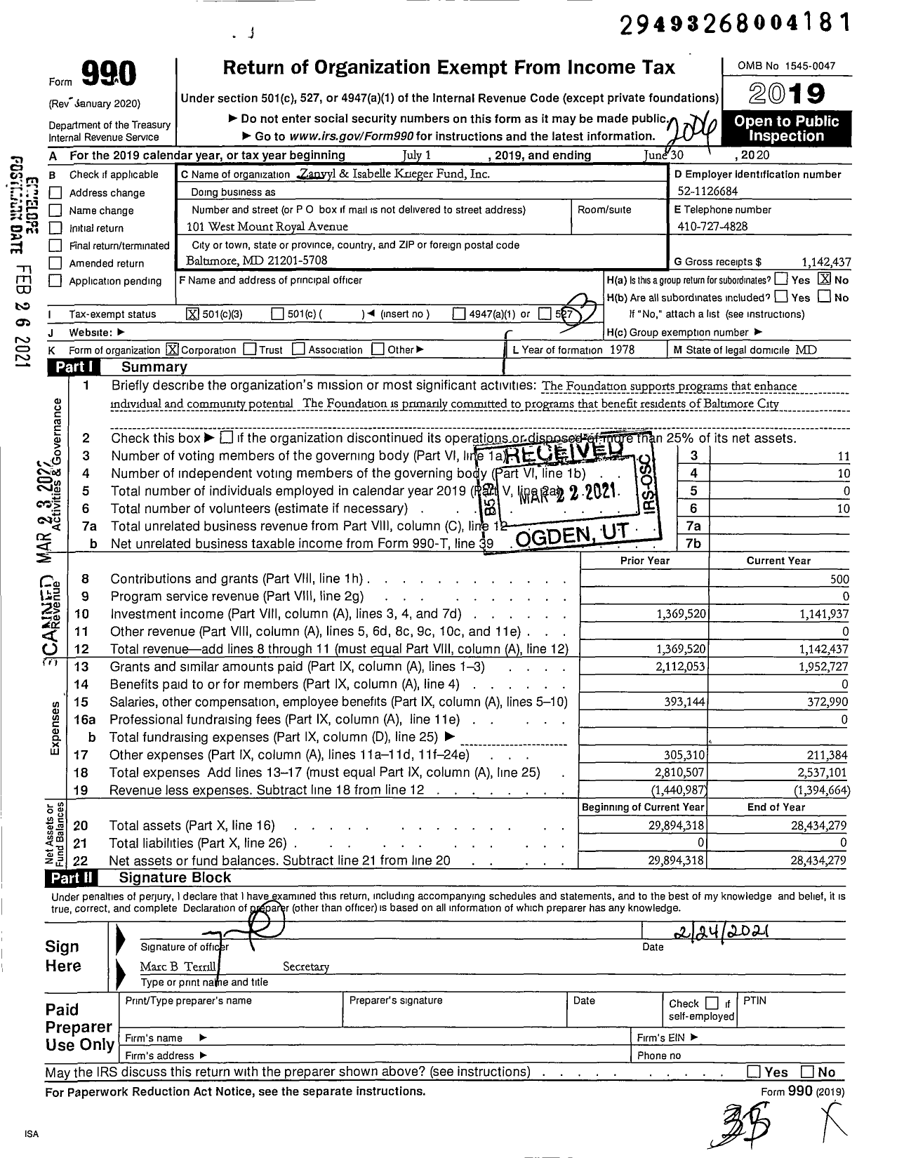 Image of first page of 2019 Form 990 for Zanvyl and Isabelle Krieger Fund