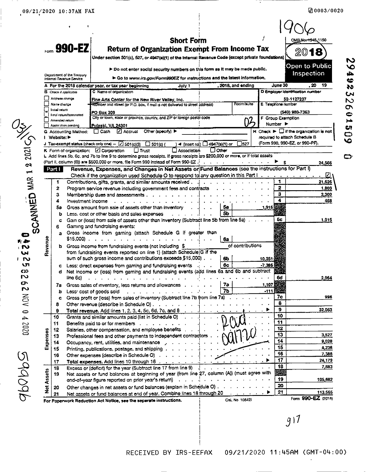 Image of first page of 2018 Form 990EZ for Fine Arts Center for the New River Valley