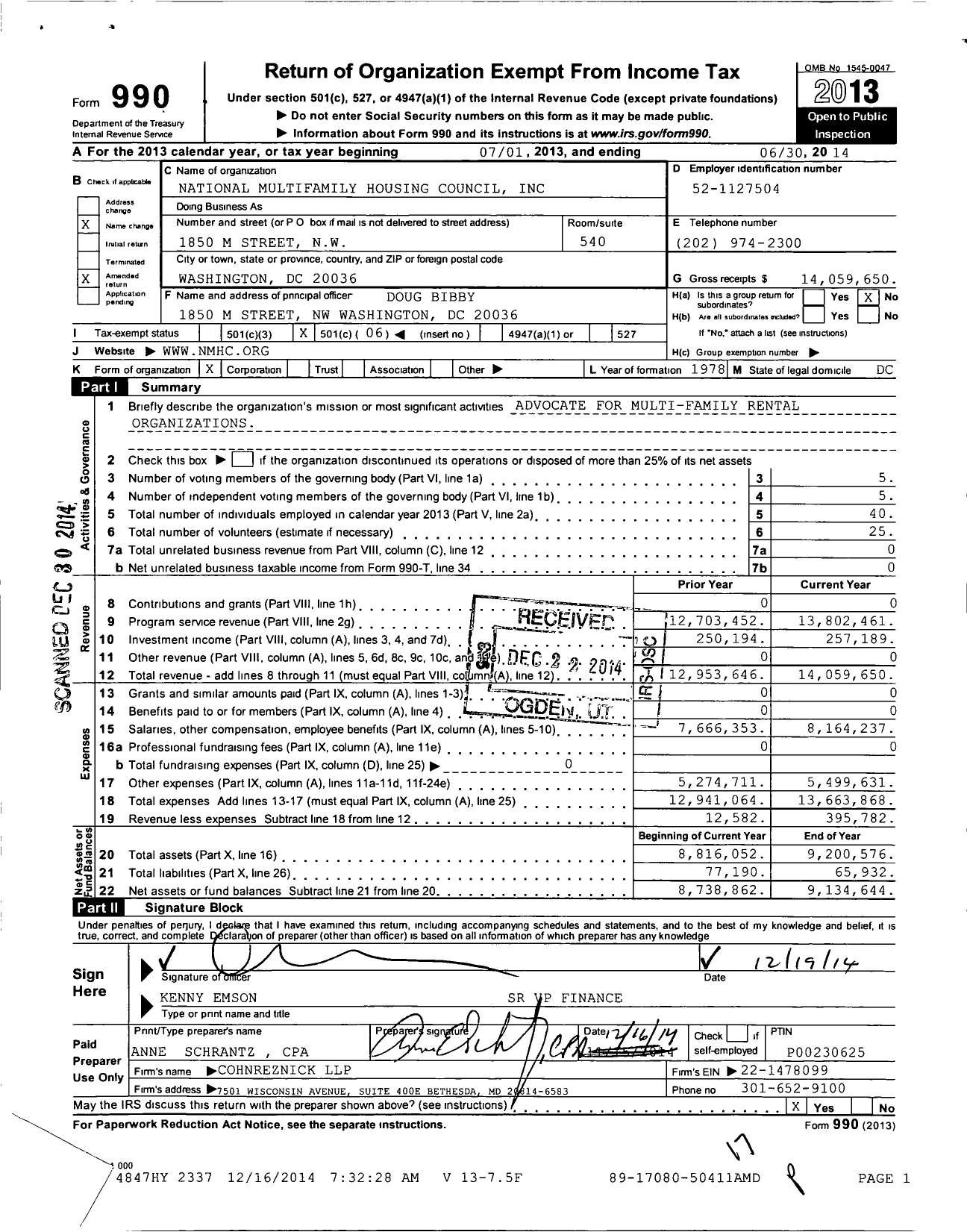 Image of first page of 2013 Form 990O for National Multifamily Housing Council (NMHC)