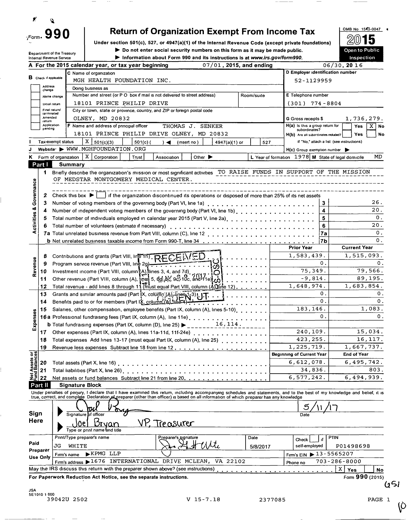 Image of first page of 2015 Form 990 for MGH Health Foundation
