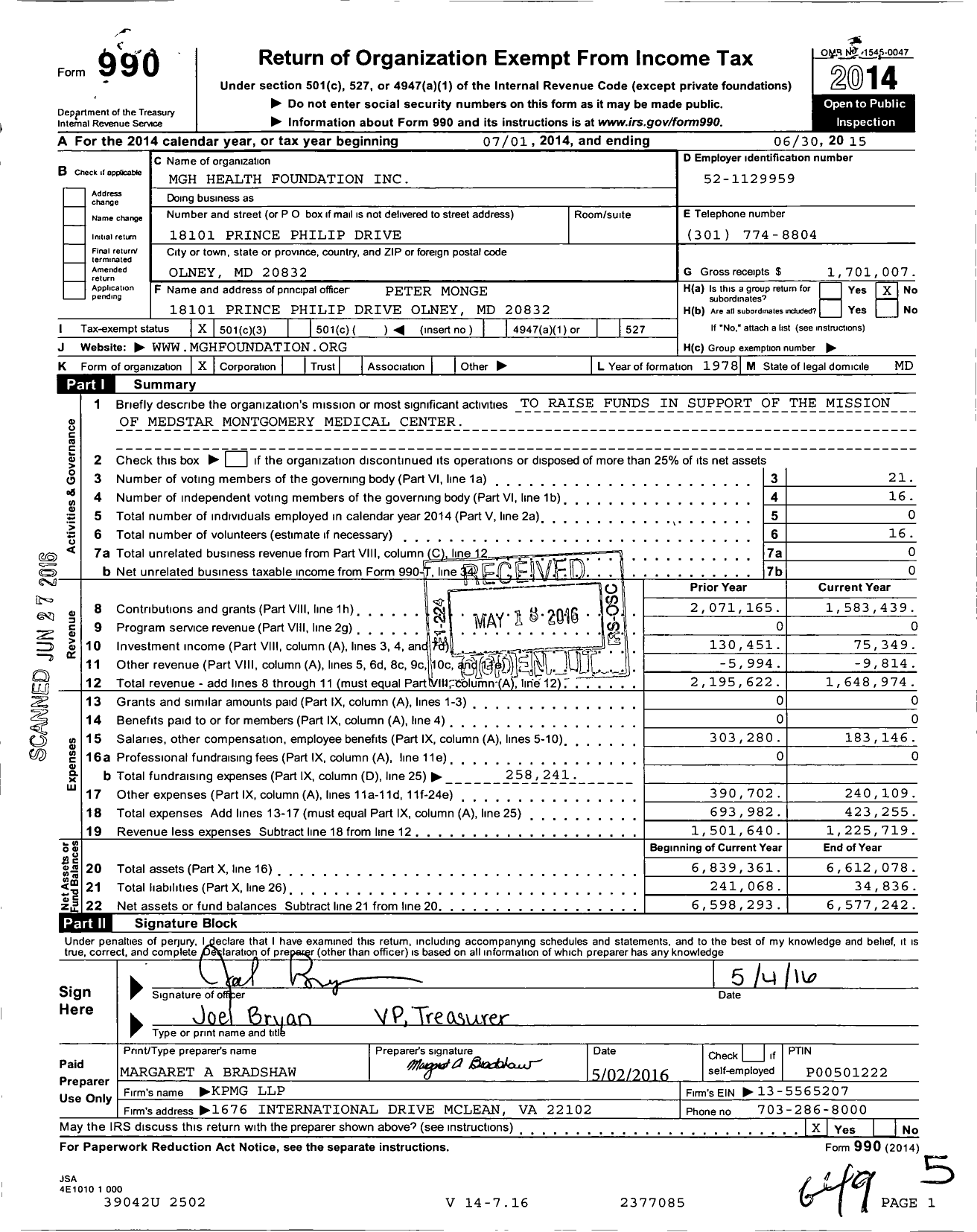 Image of first page of 2014 Form 990 for MGH Health Foundation