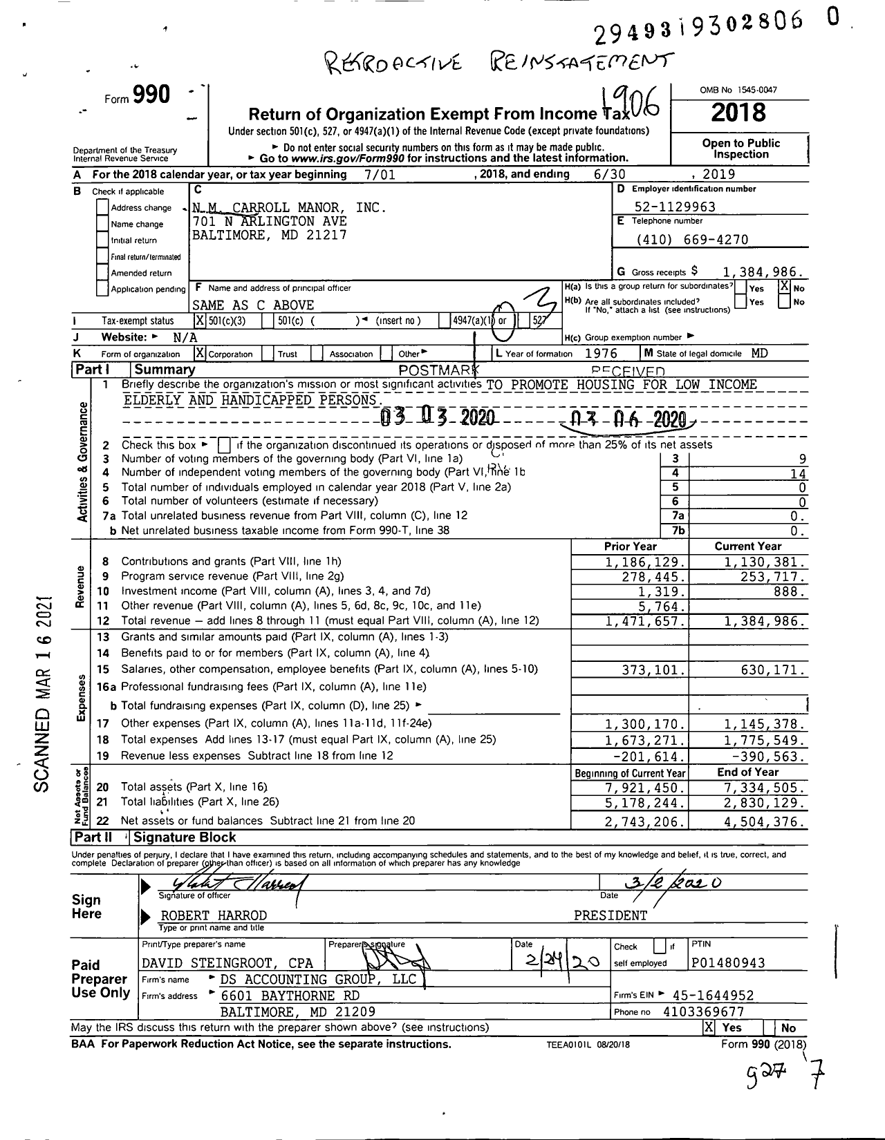 Image of first page of 2018 Form 990 for NM Carroll Manor