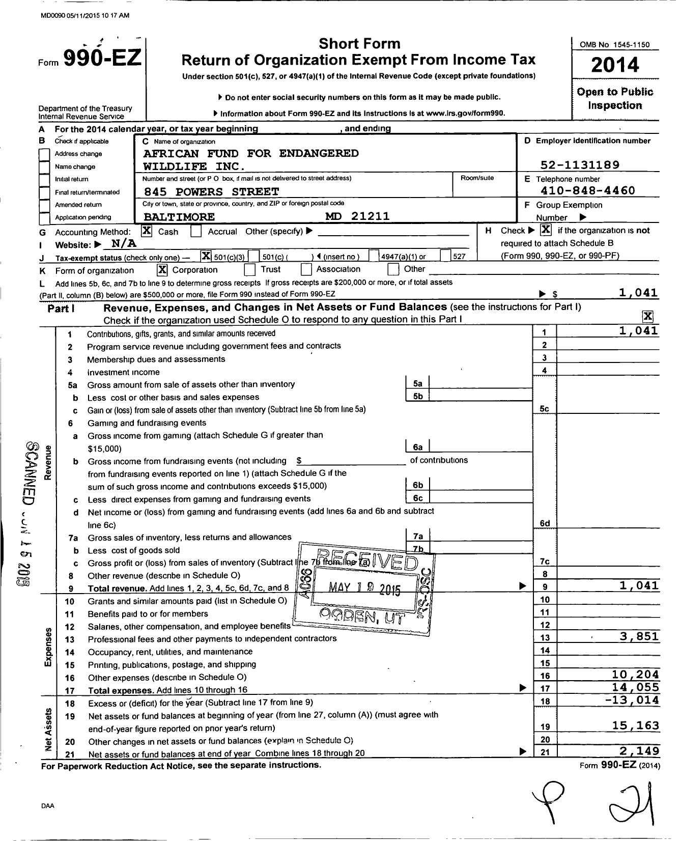 Image of first page of 2014 Form 990EZ for African Fund for Endangered Wildlife