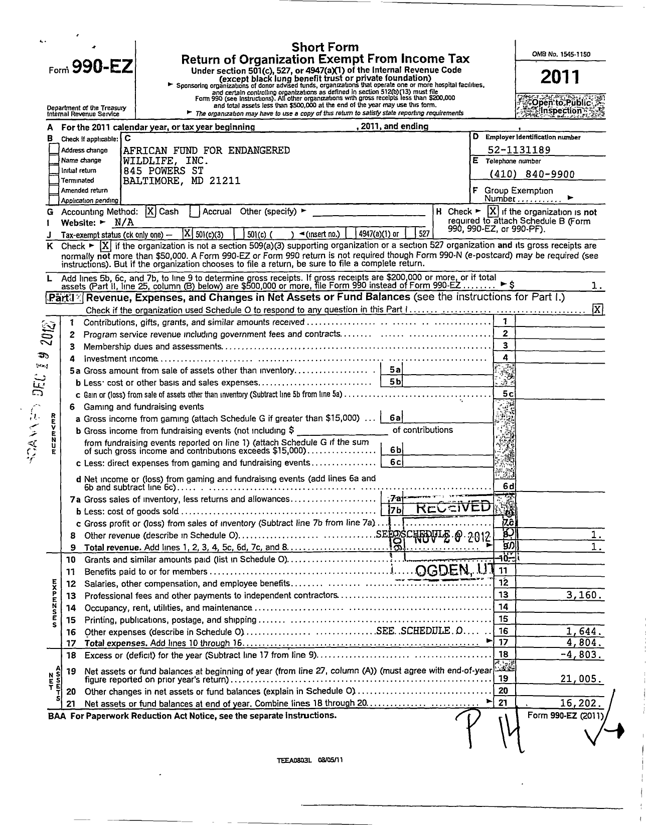 Image of first page of 2011 Form 990EZ for African Fund for Endangered Wildlife