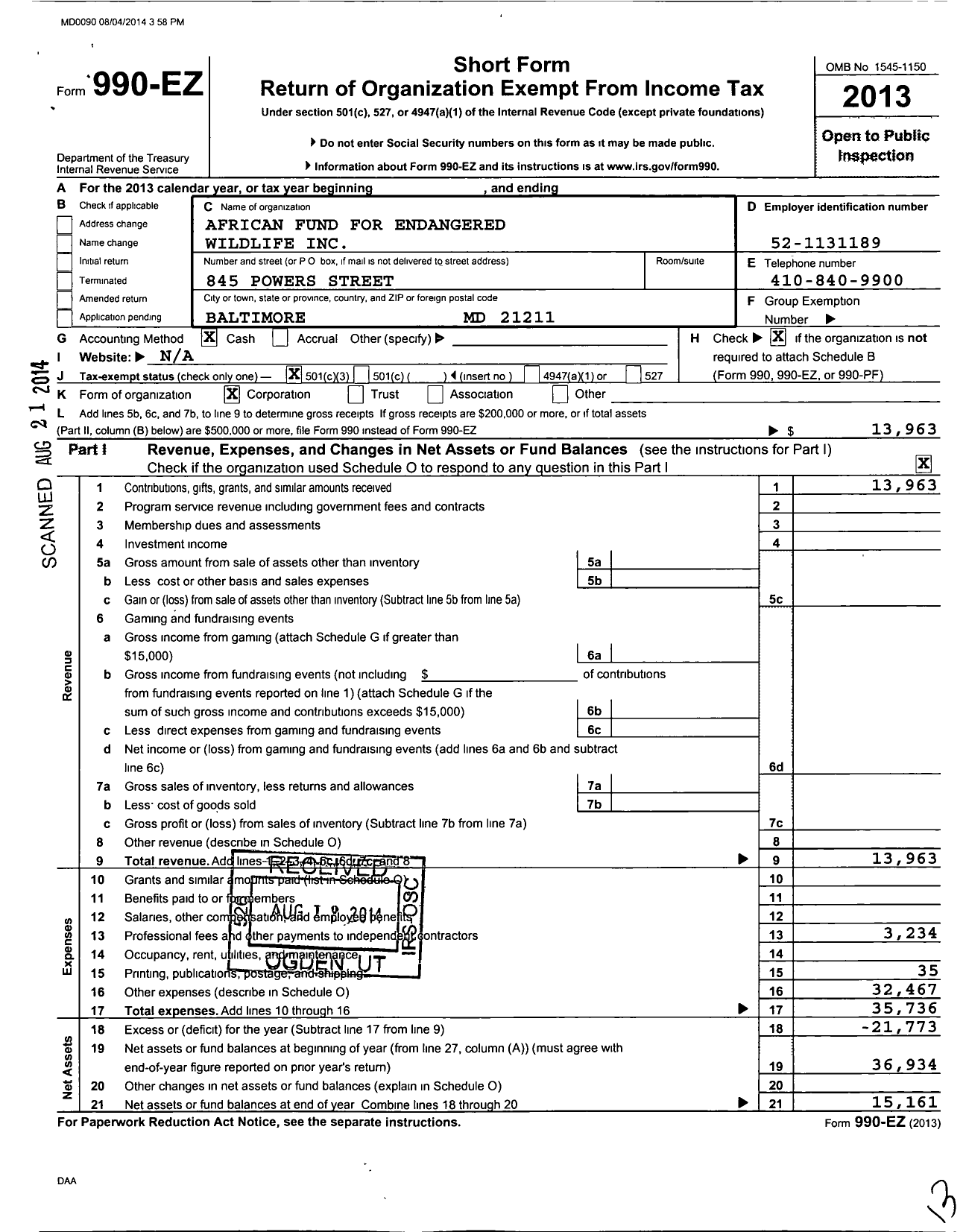 Image of first page of 2013 Form 990EZ for African Fund for Endangered Wildlife