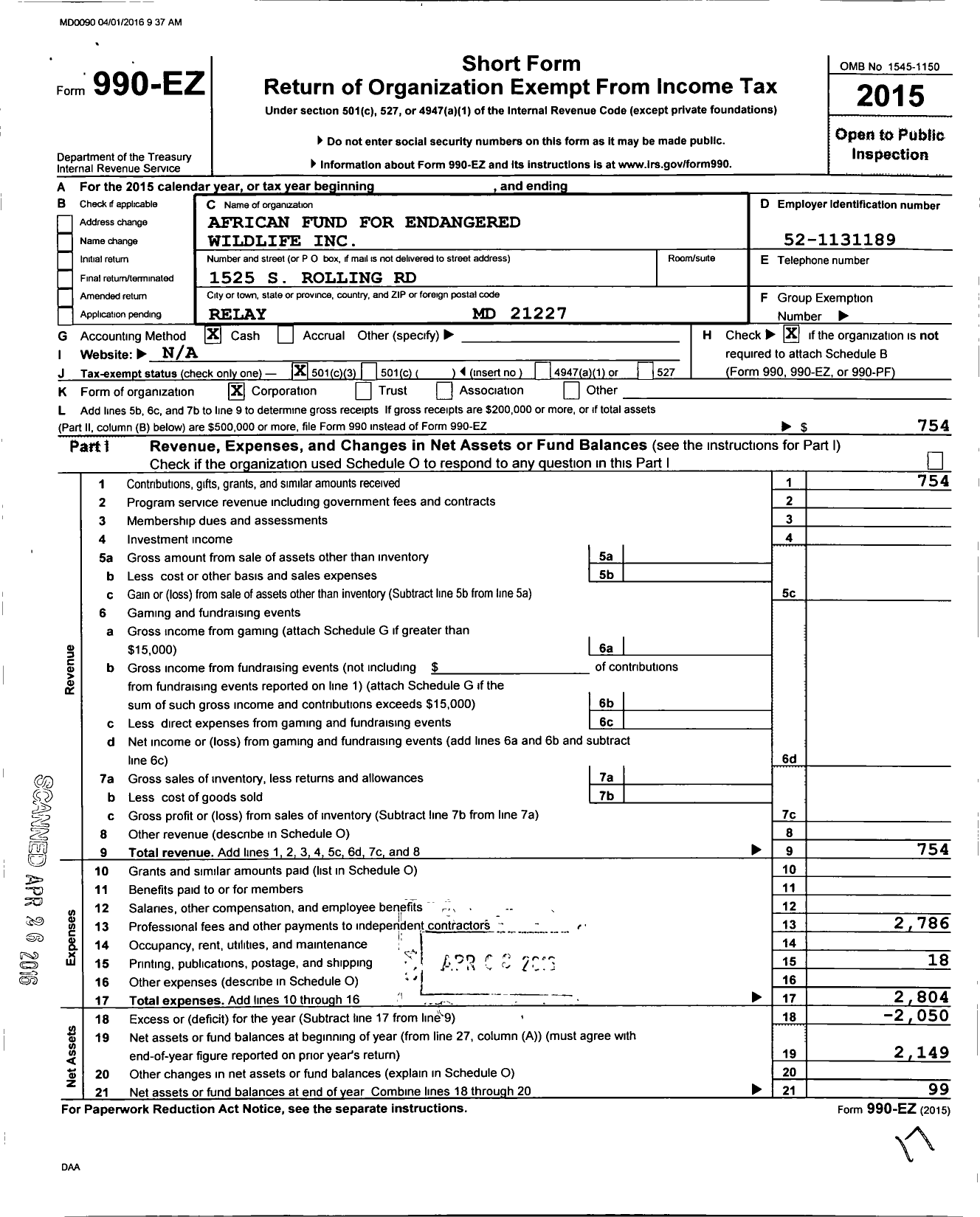 Image of first page of 2015 Form 990EZ for African Fund for Endangered Wildlife