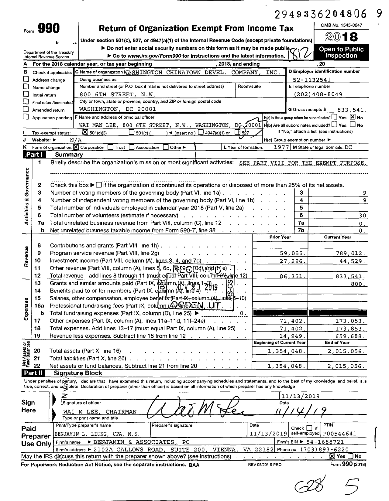 Image of first page of 2018 Form 990 for Washington Chinatown Devel Company