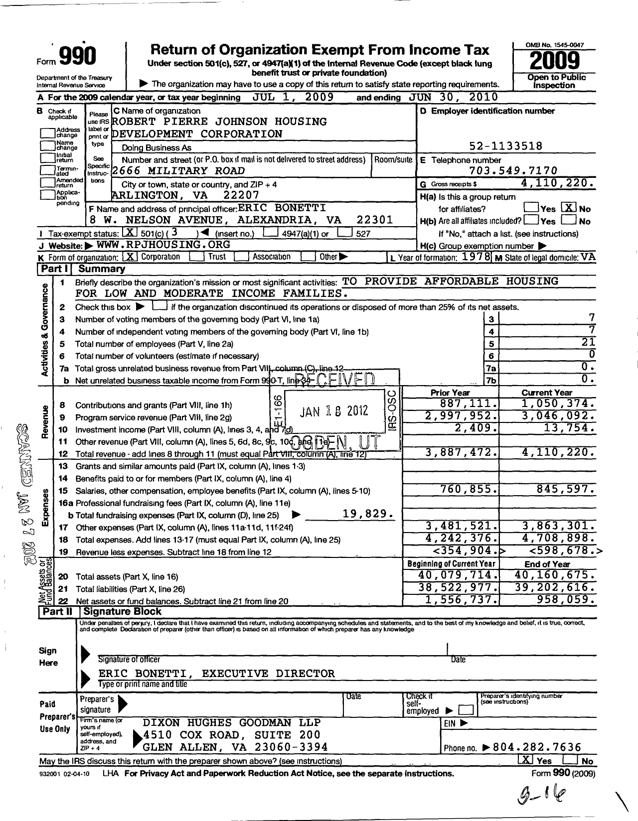 Image of first page of 2009 Form 990 for RPJ Housing