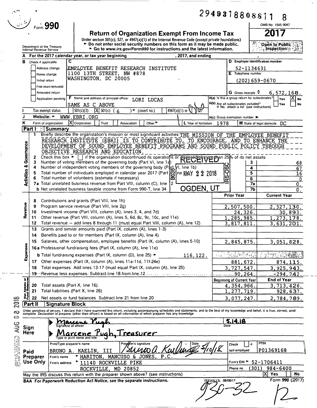 Image of first page of 2017 Form 990O for Employee Benefit Research Institute (EBRI)